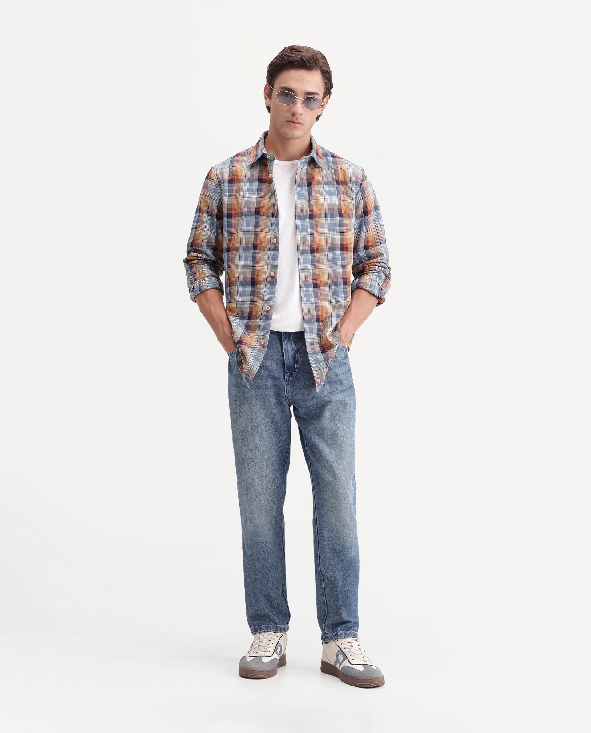 Rare Rabbit Men's Uvar Multi Cotton Spread Collar Regular Checked Shirt