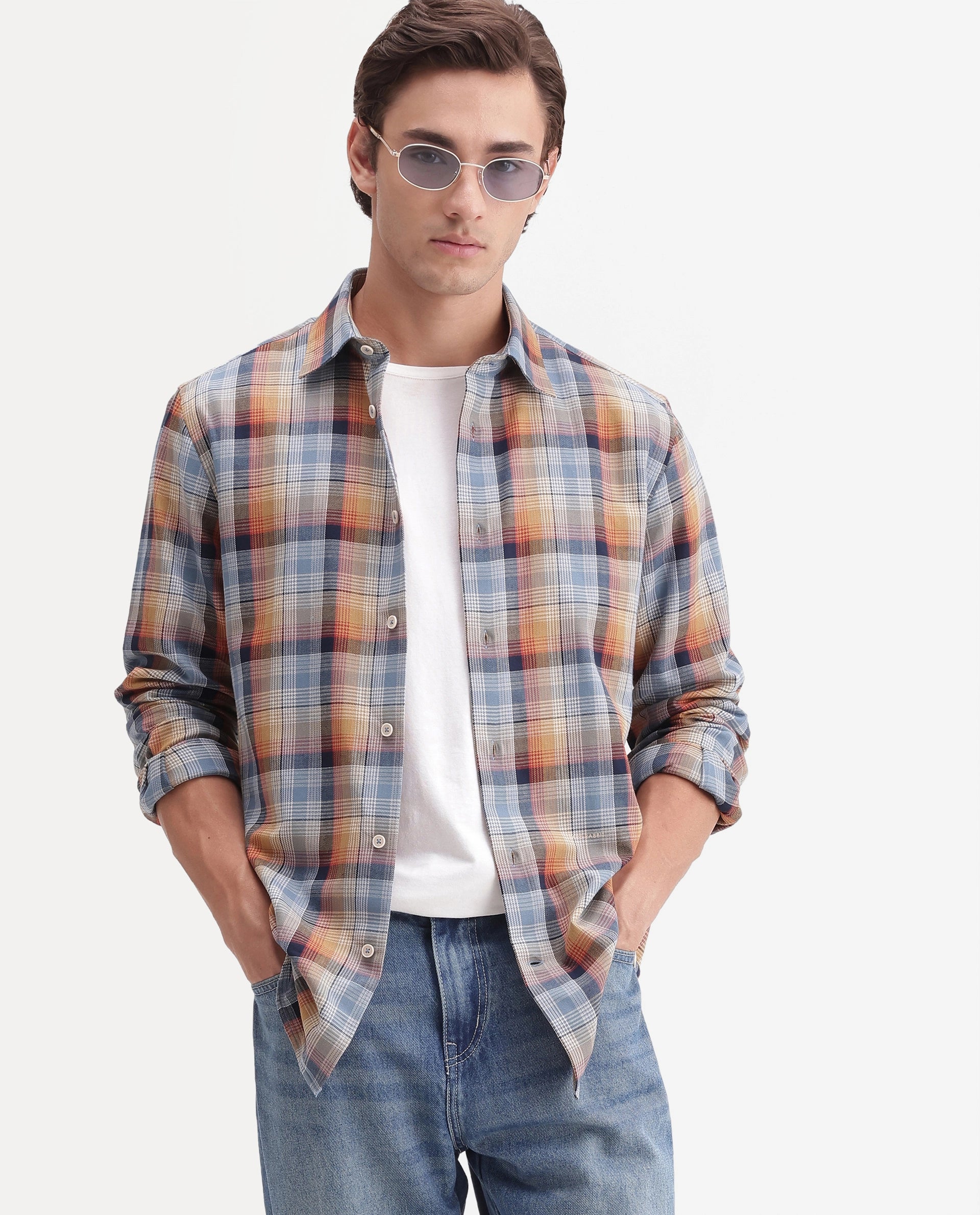 Rare Rabbit Men's Uvar Multi Cotton Spread Collar Regular Checked Shirt