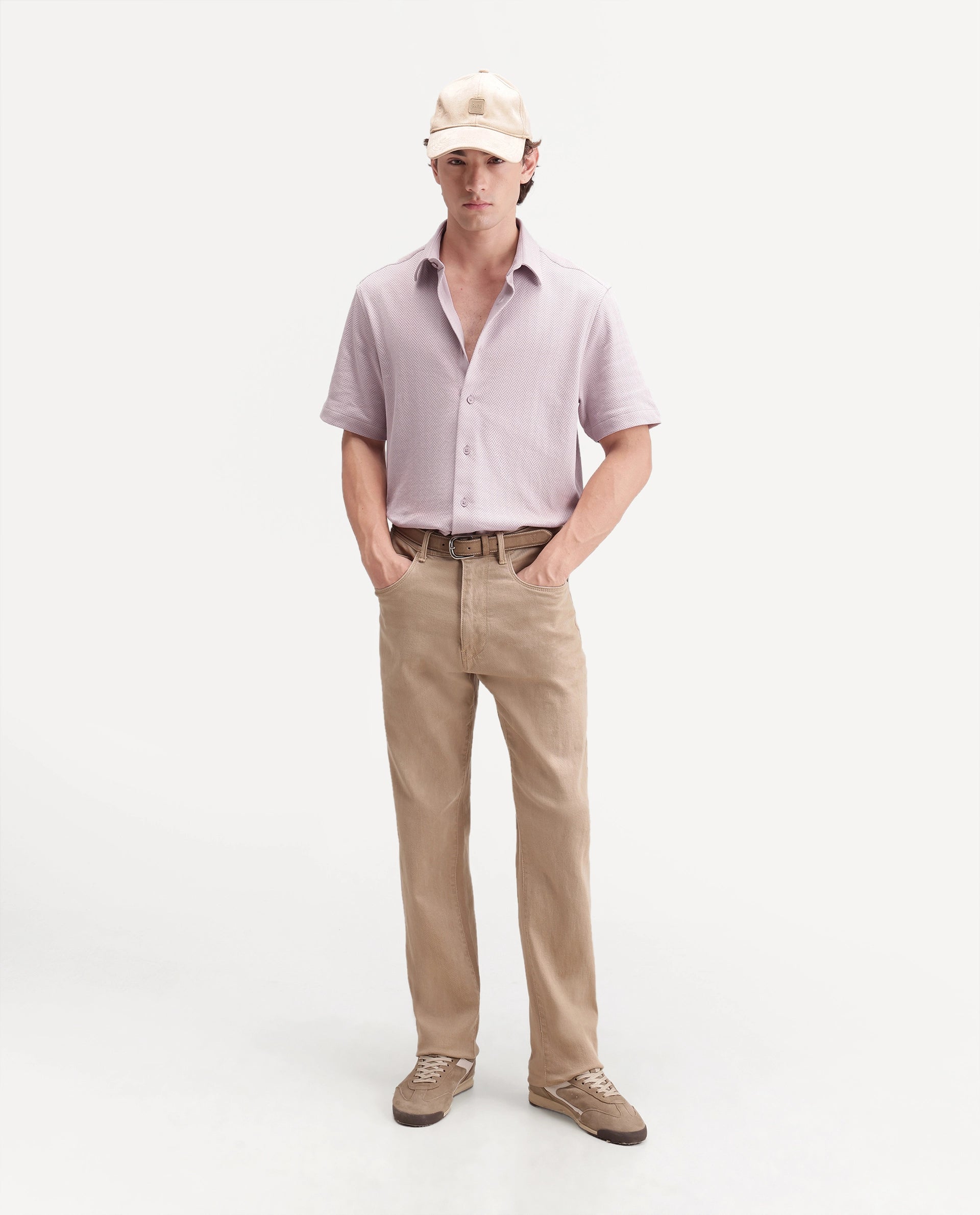 Rare Rabbit Men's Giov-S Light Pink Cotton Blend Spread Collar Regular Jacquard Shirt