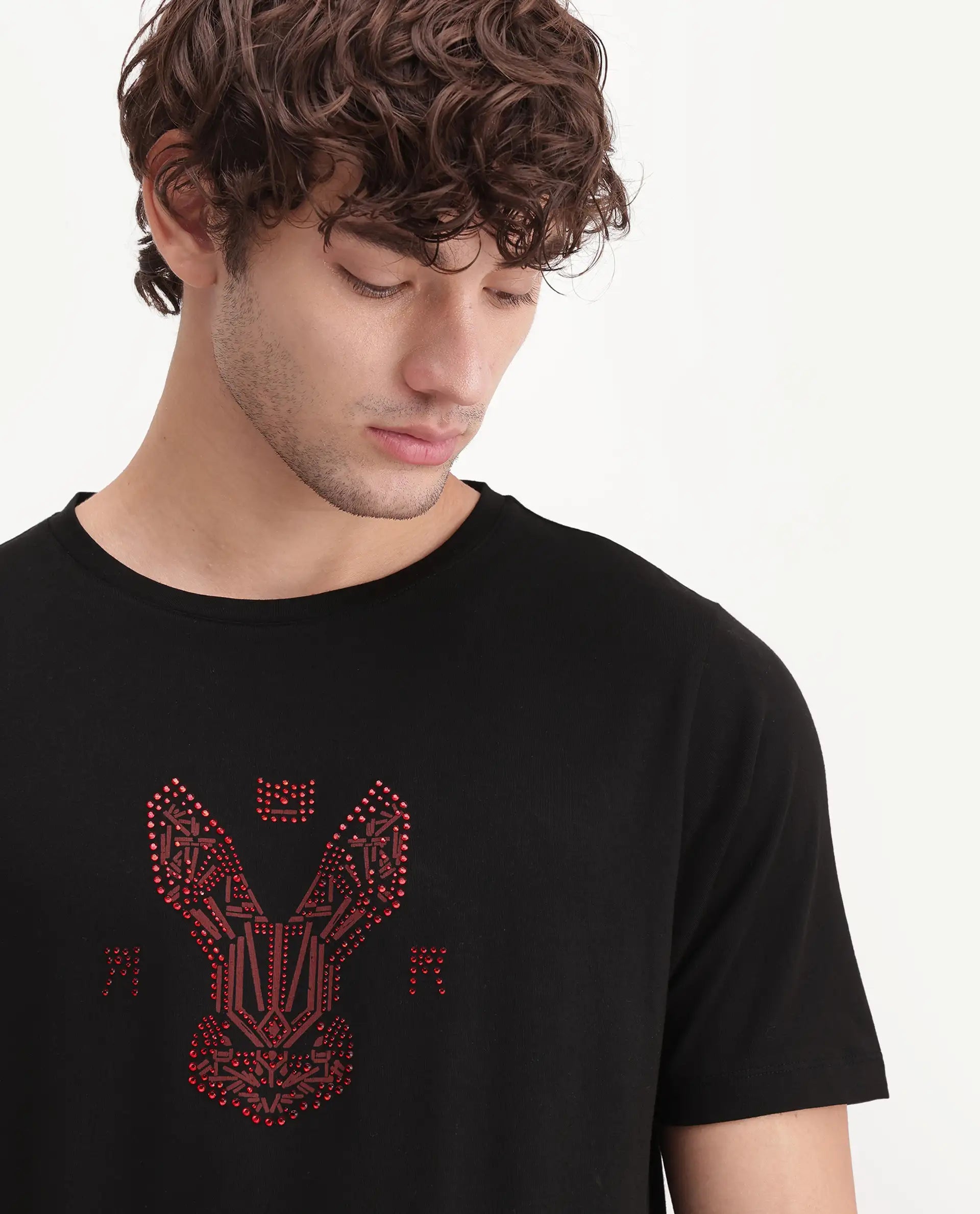 Rare Rabbit Men's Aeth Black Cotton Blend Crew Neck Regular Graphic Print T-Shirt