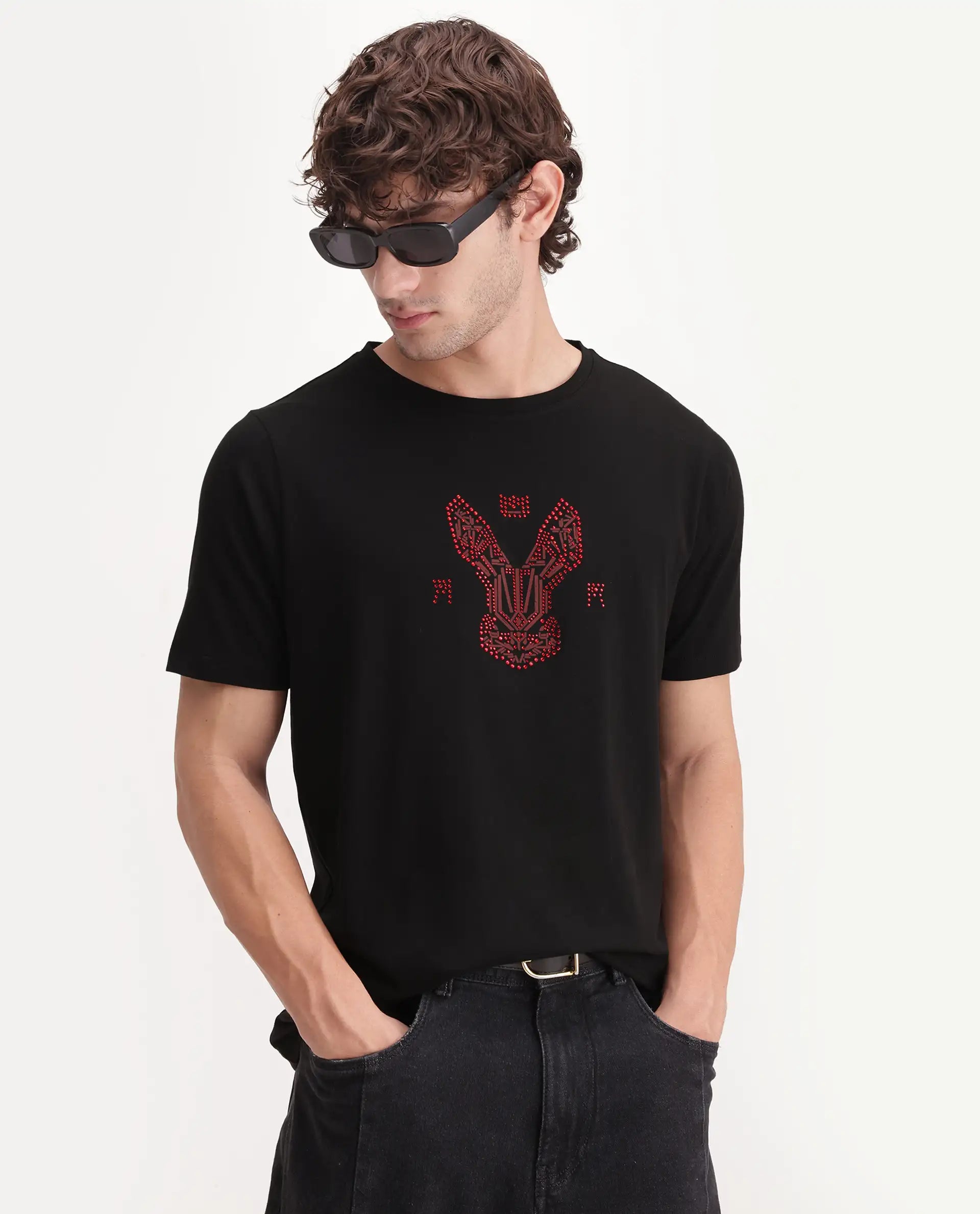 Rare Rabbit Men's Aeth Black Cotton Blend Crew Neck Regular Graphic Print T-Shirt