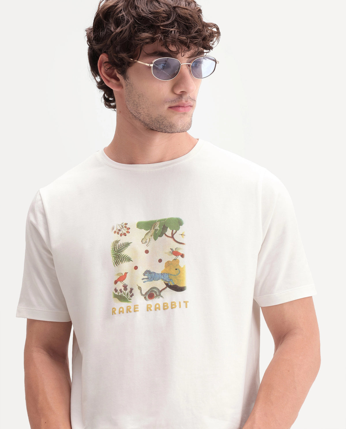 Rare Rabbit Men's Airo Off White Cotton Blend Crew Neck Regular Graphic Print T-Shirt
