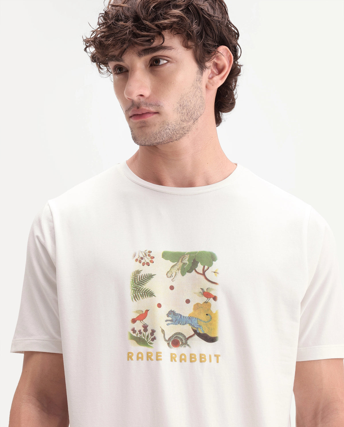 Rare Rabbit Men's Airo Off White Cotton Blend Crew Neck Regular Graphic Print T-Shirt