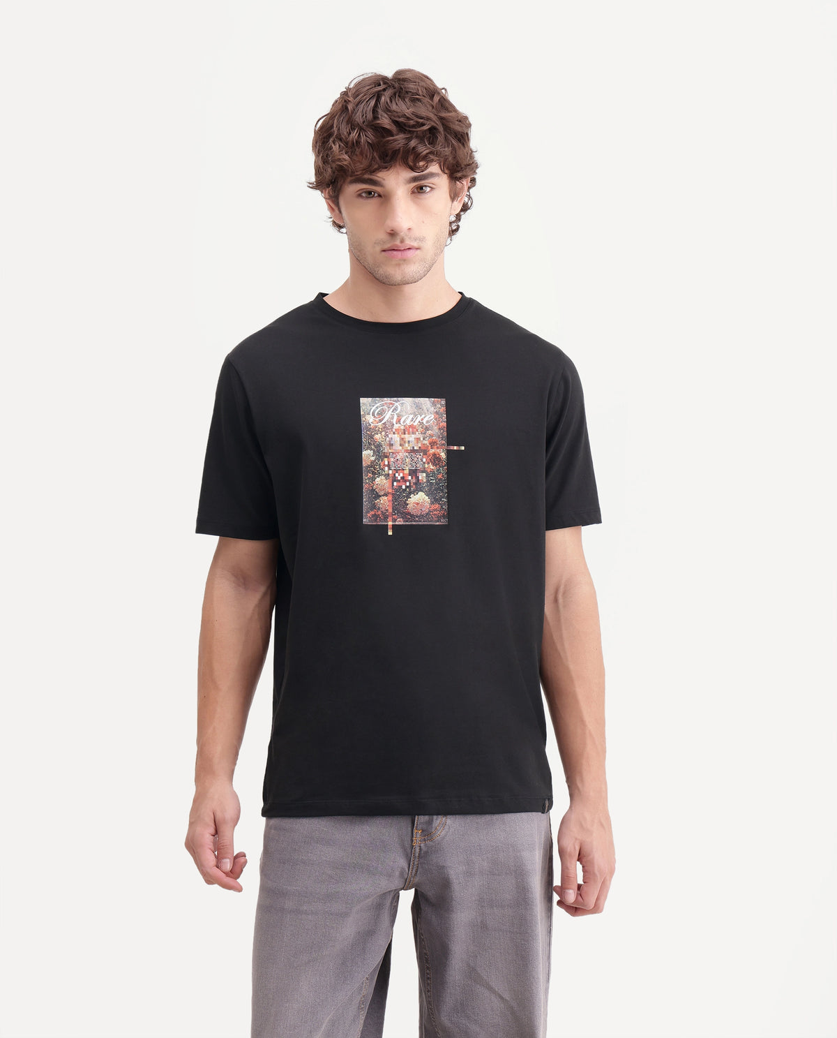 Rare Rabbit Men's Blanc Black Cotton Blend Crew Neck Regular Graphic Print T-Shirt