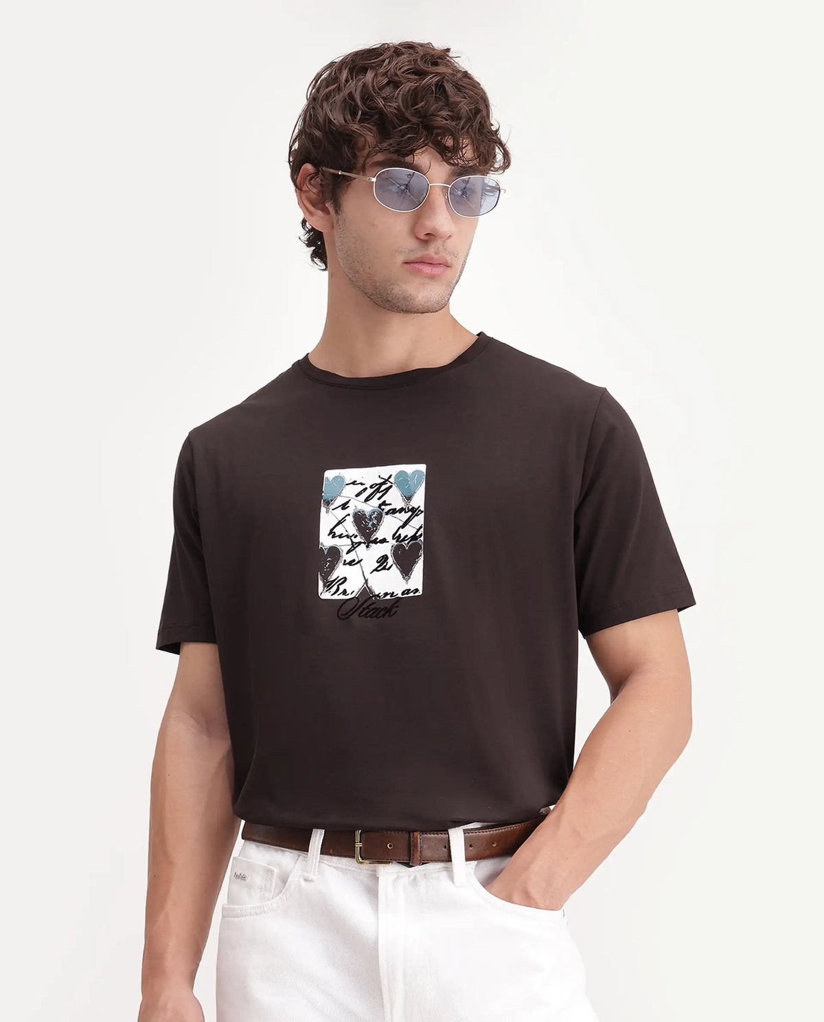 Rare Rabbit Men's Caze Dark Brown Cotton Blend Crew Neck Regular Graphic Print T-Shirt