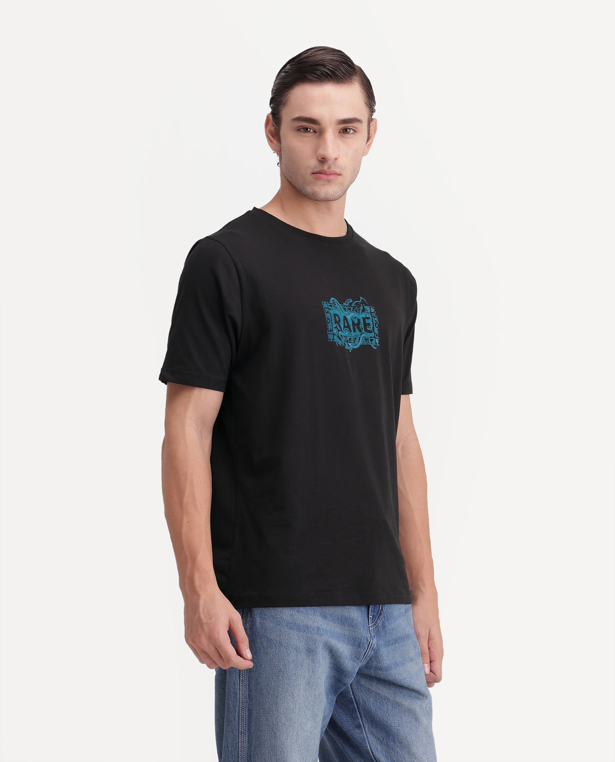 Rare Rabbit Men's Delos Black Cotton Blend Crew Neck Regular Graphic Print T-Shirt