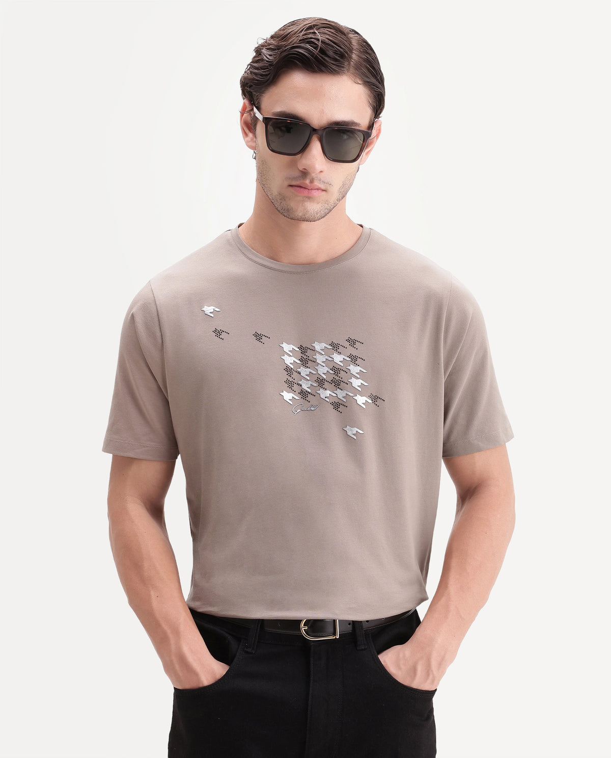 Rare Rabbit Men's Fleet Beige Cotton Blend Crew Neck Regular Graphic Print T-Shirt