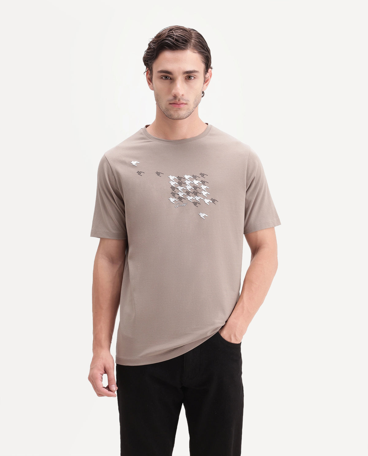 Rare Rabbit Men's Fleet Beige Cotton Blend Crew Neck Regular Graphic Print T-Shirt
