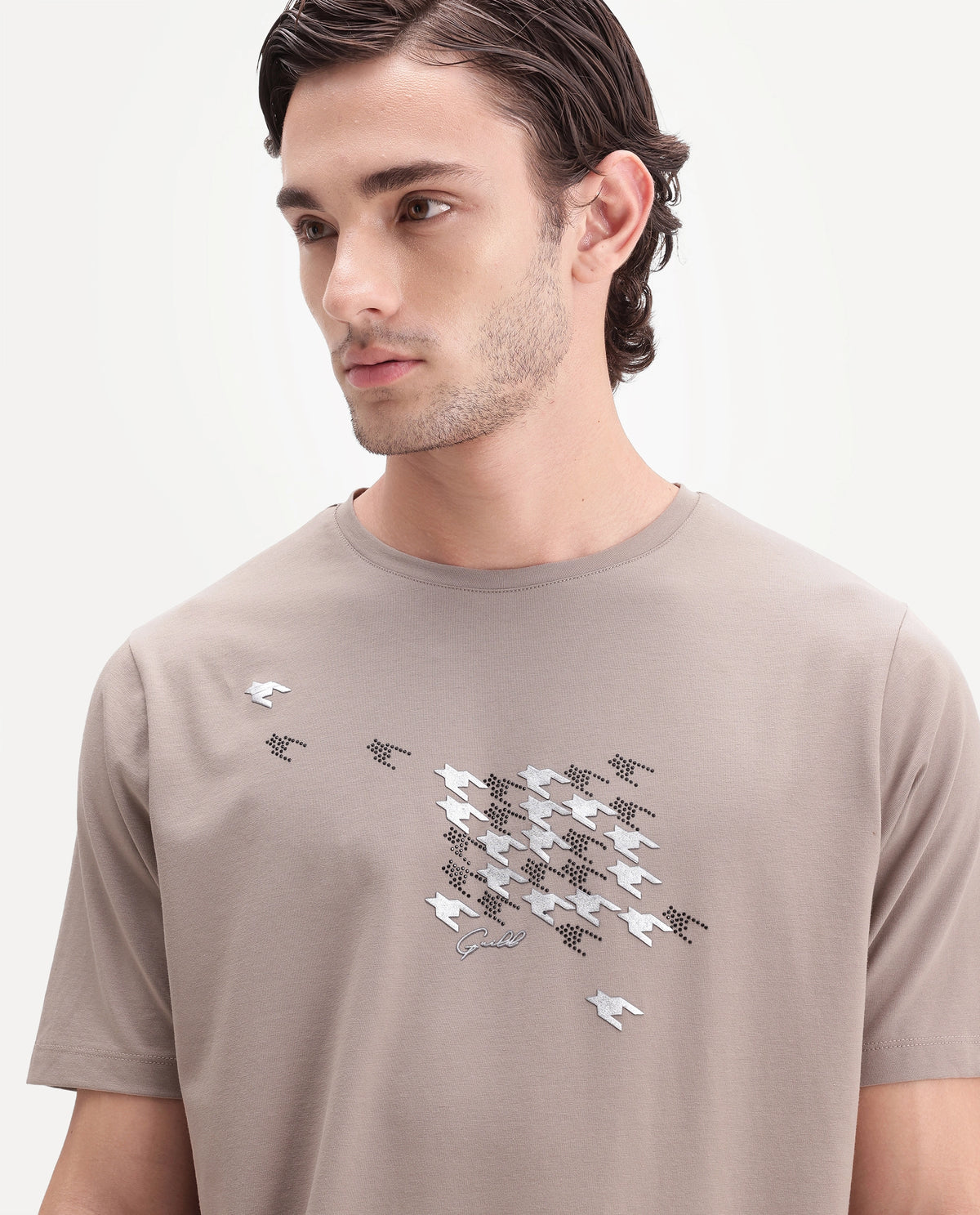 Rare Rabbit Men's Fleet Beige Cotton Blend Crew Neck Regular Graphic Print T-Shirt
