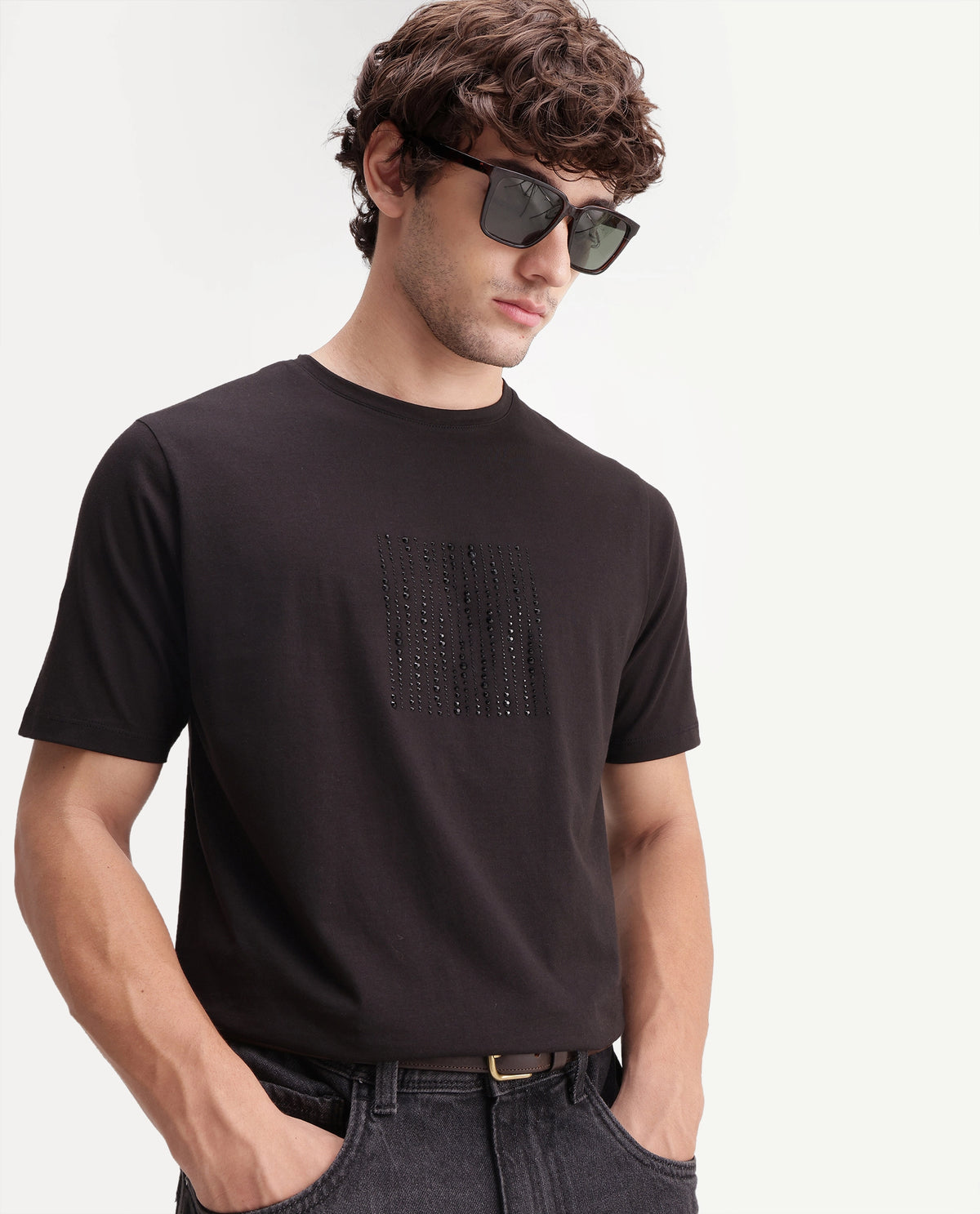 Rare Rabbit Men's Quel Black Cotton Blend Crew Neck Regular Graphic Print T-Shirt
