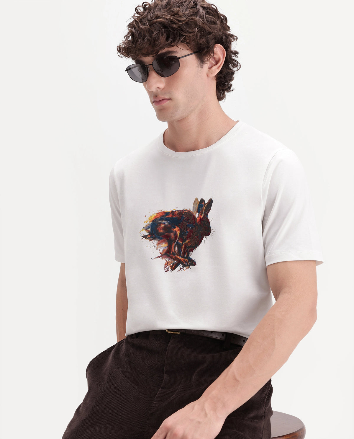 Rare Rabbit Men's Retho Off White Cotton Blend Crew Neck Regular Graphic Print T-Shirt