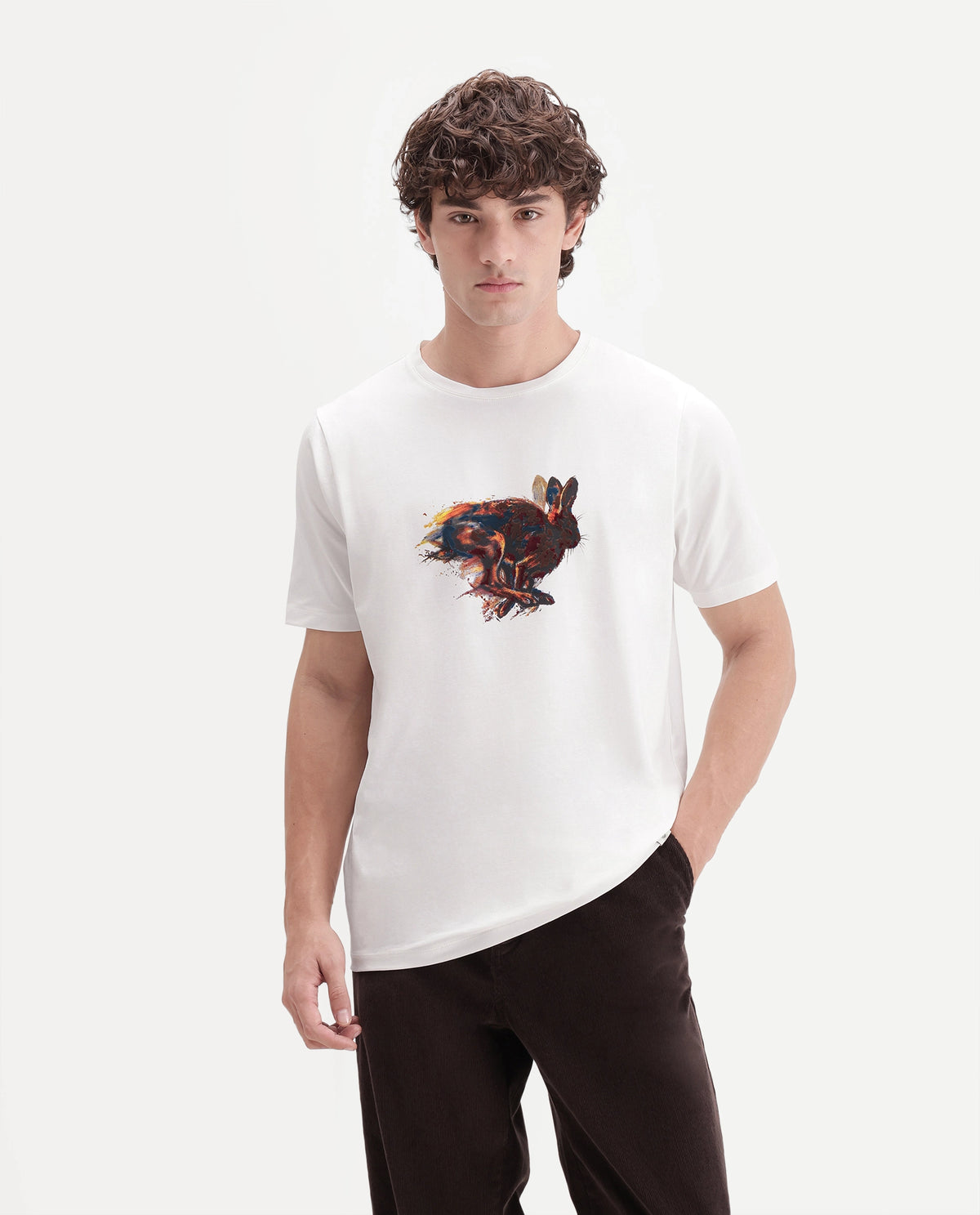 Rare Rabbit Men's Retho Off White Cotton Blend Crew Neck Regular Graphic Print T-Shirt