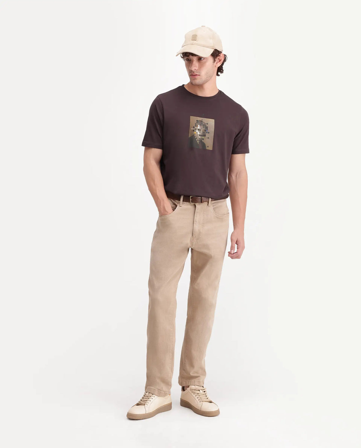 Rare Rabbit Men's Selo Dark Brown Cotton Blend Crew Neck Regular Graphic Print T-Shirt