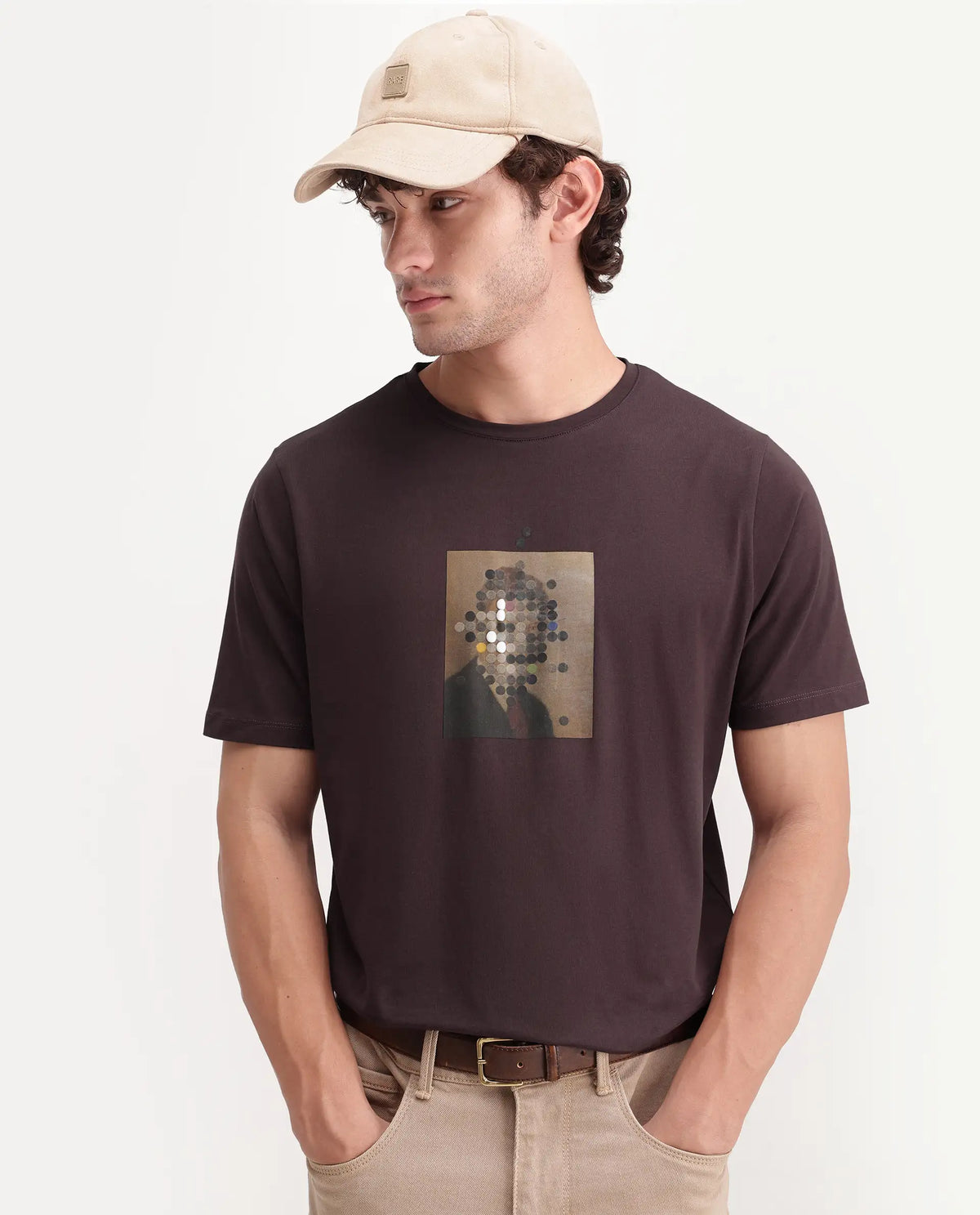 Rare Rabbit Men's Selo Dark Brown Cotton Blend Crew Neck Regular Graphic Print T-Shirt