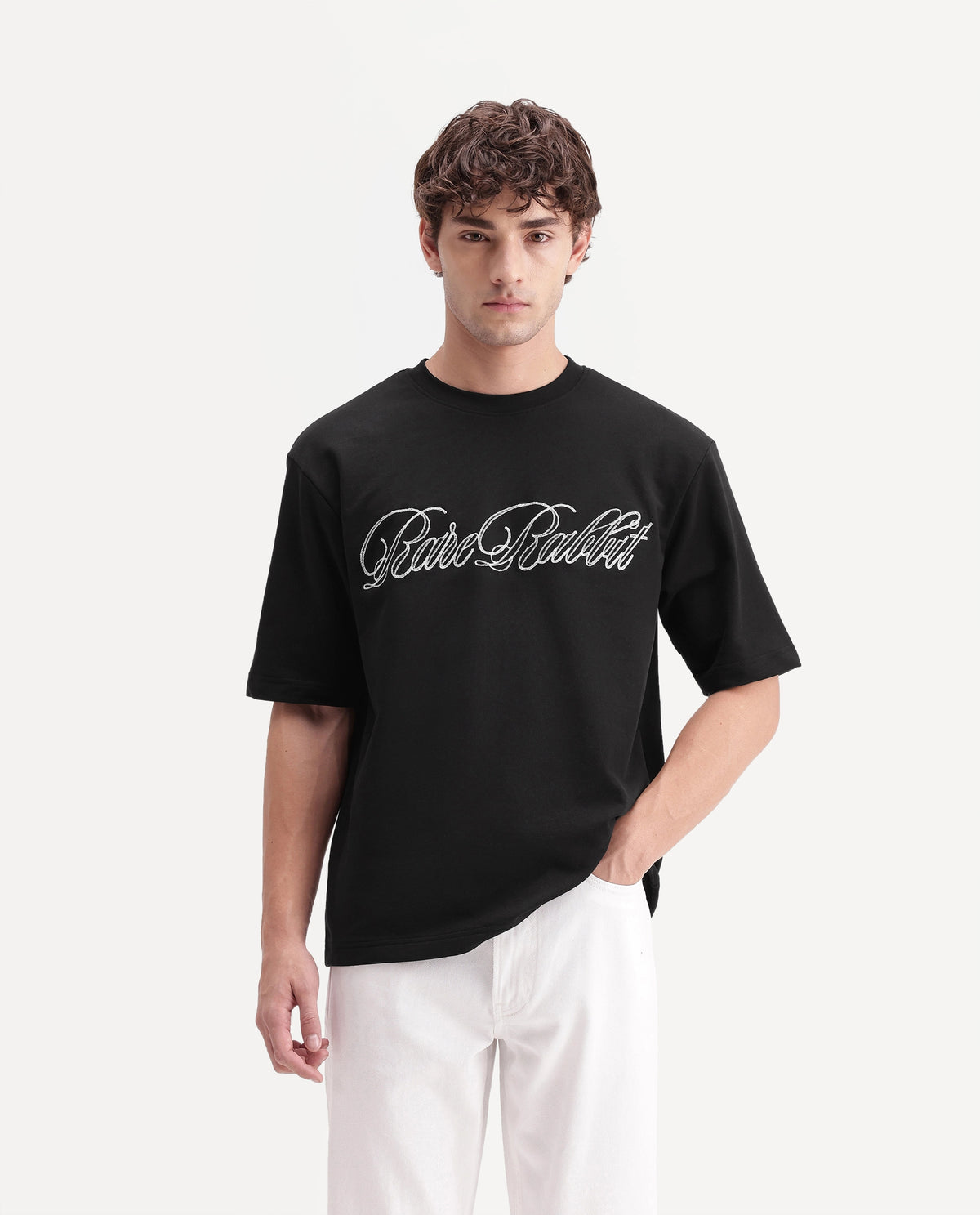 Rare Rabbit Men's Amel Black Cotton Crew Neck Relaxed Embroidered T-Shirt