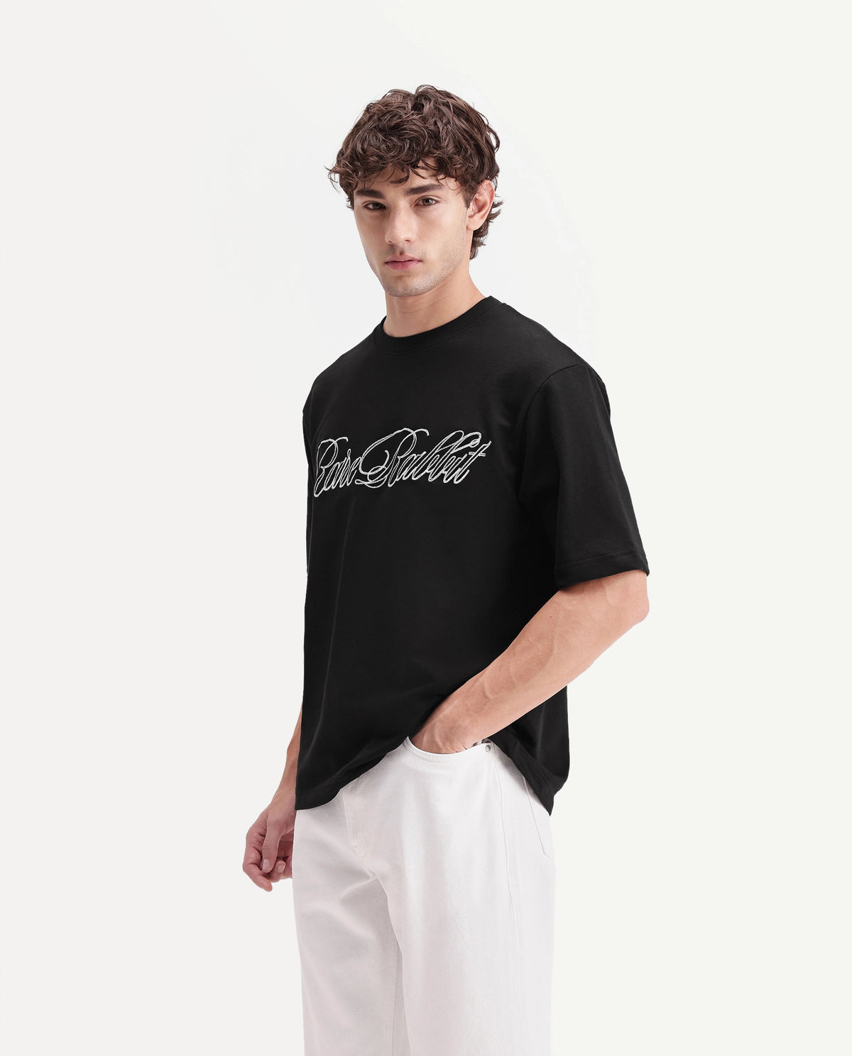 Rare Rabbit Men's Amel Black Cotton Crew Neck Relaxed Embroidered T-Shirt