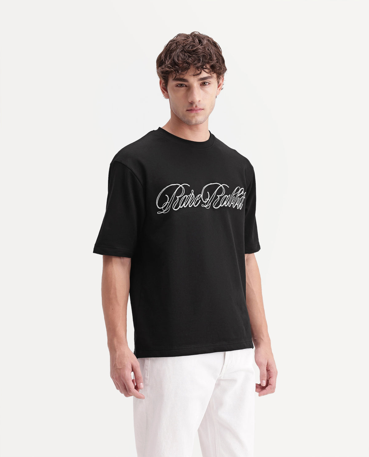 Rare Rabbit Men's Amel Black Cotton Crew Neck Relaxed Embroidered T-Shirt