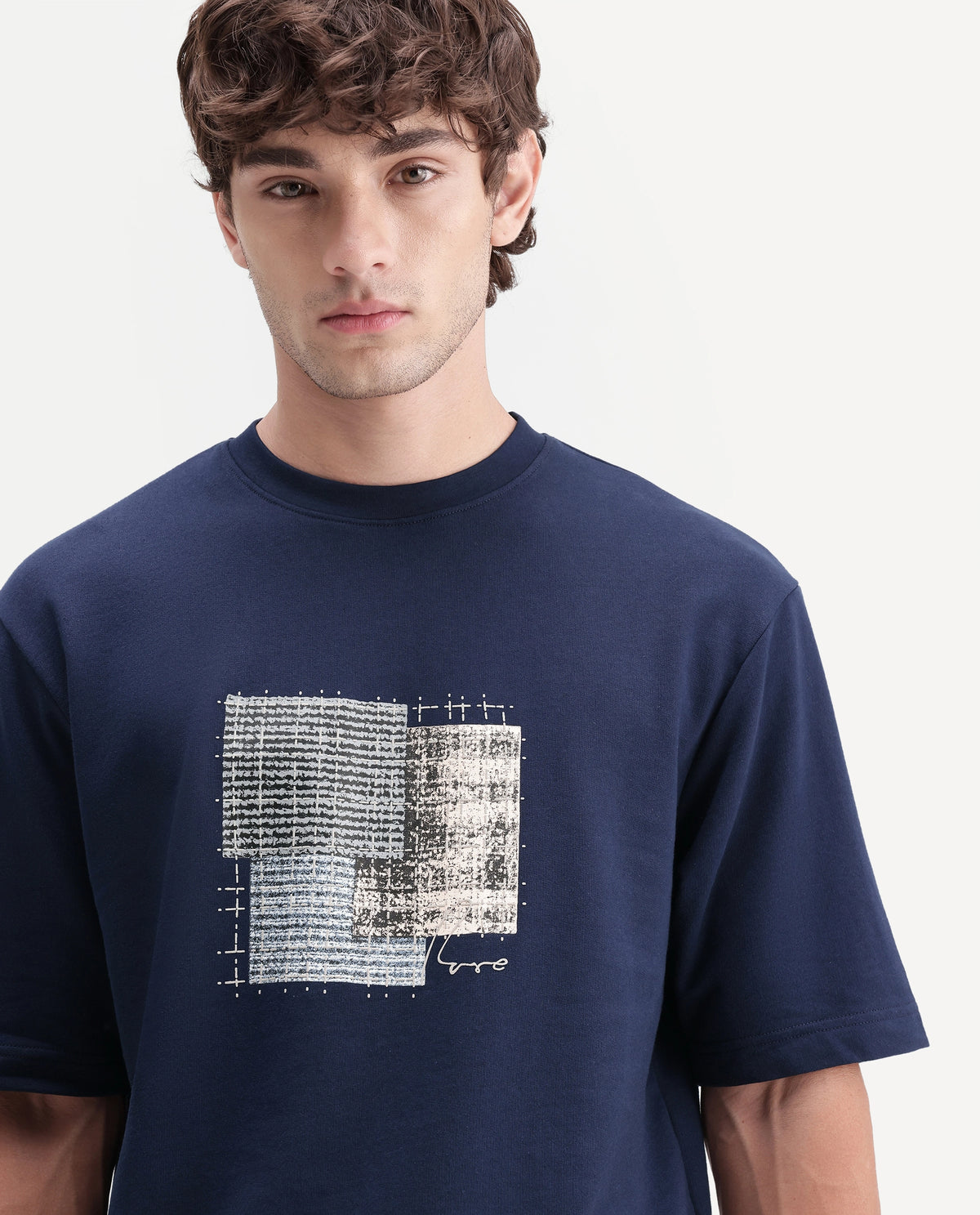 Rare Rabbit Men's Antiv Dark Blue Cotton Crew Neck Relaxed Graphic Print T-Shirt