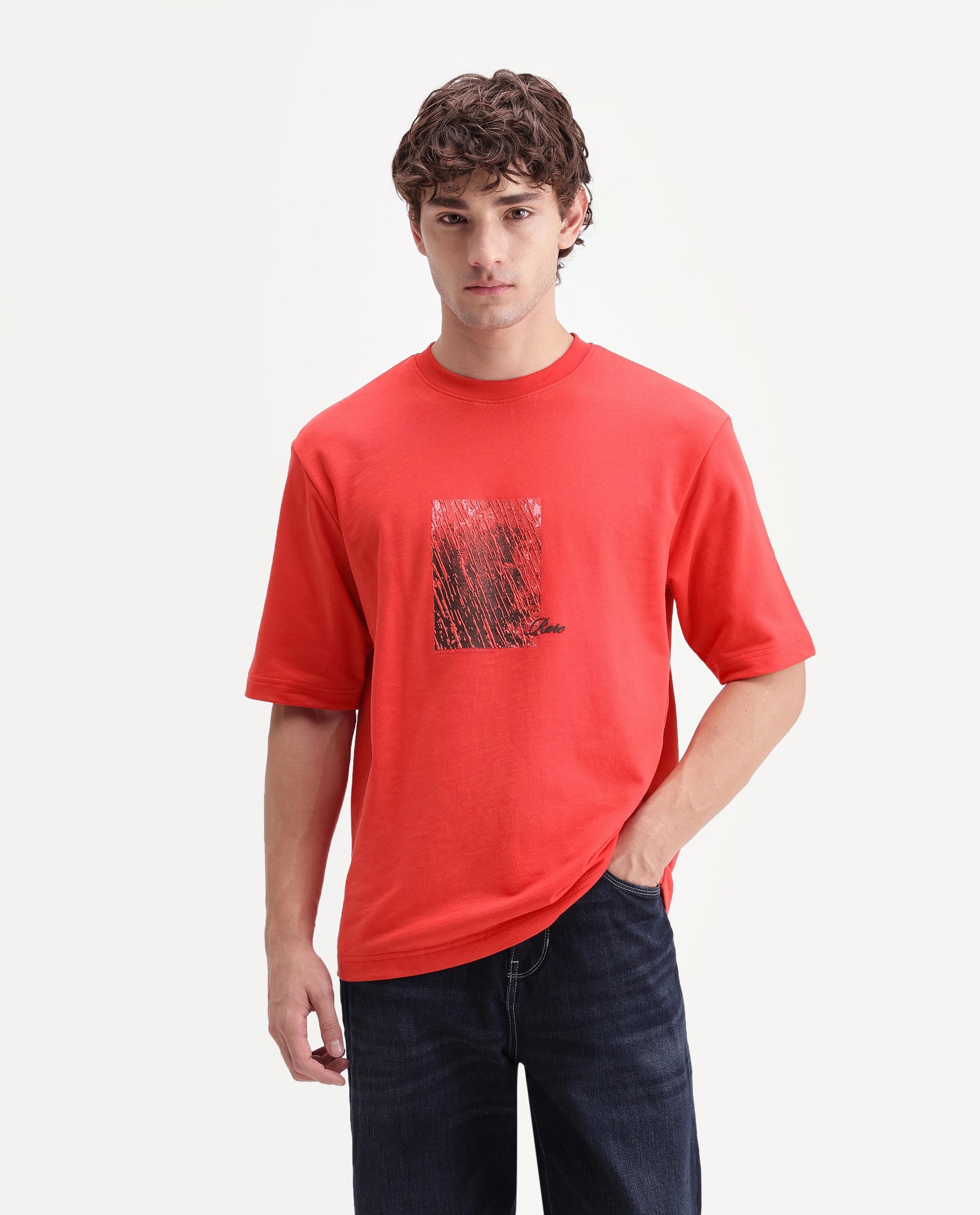 Rare Rabbit Men's Clair Fluorescent Red Cotton Crew Neck Relaxed Graphic Print T-Shirt