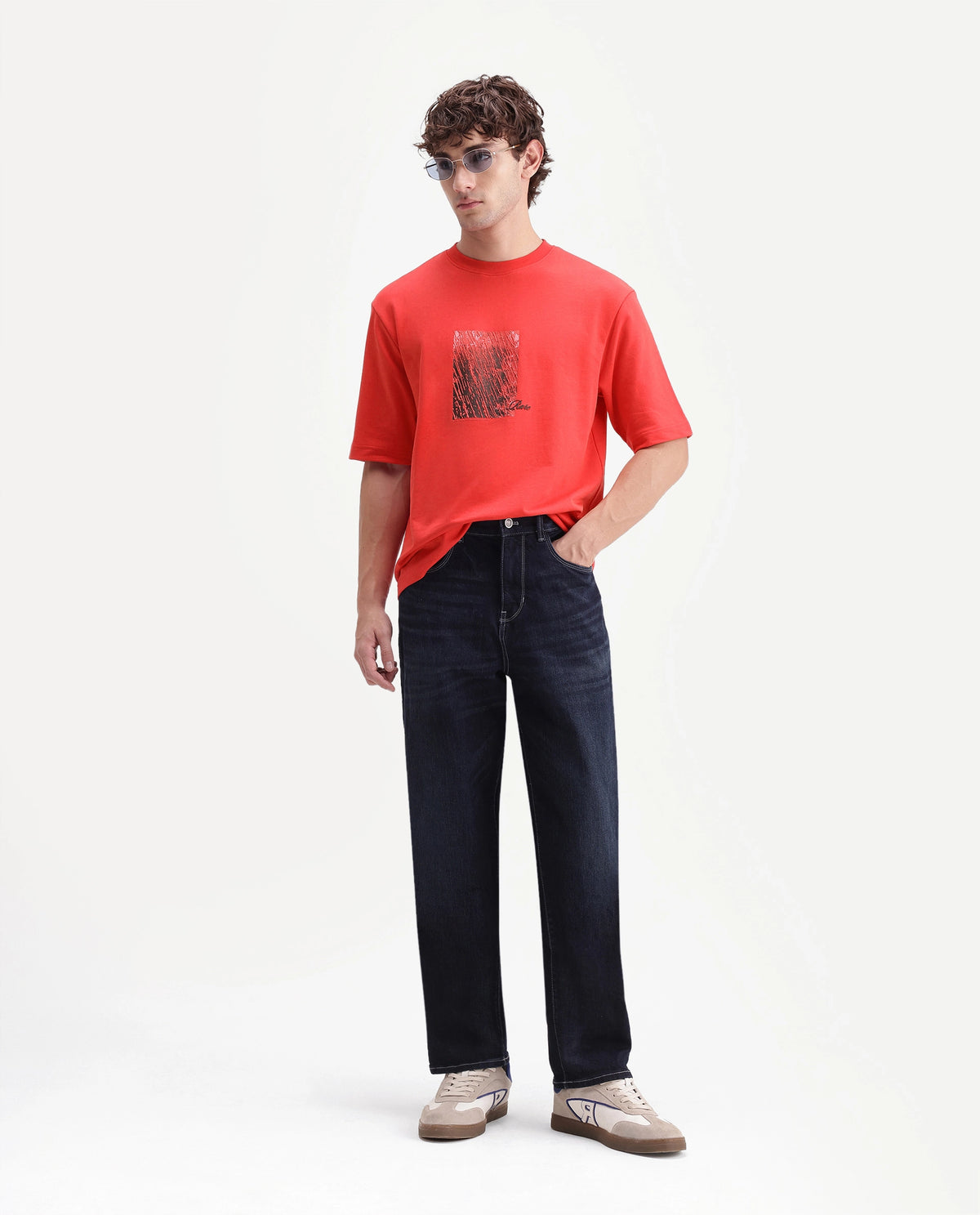 Rare Rabbit Men's Clair Fluorescent Red Cotton Crew Neck Relaxed Graphic Print T-Shirt