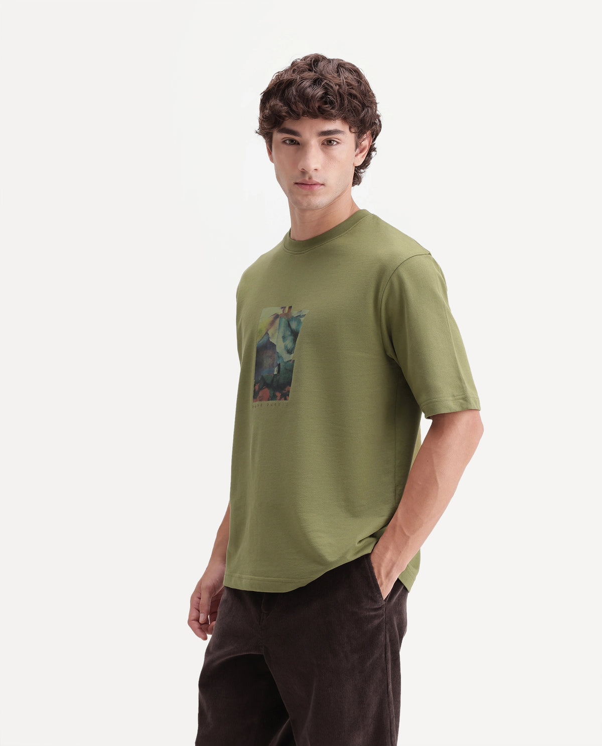 Rare Rabbit Men's Eron Dusky Olive Cotton Crew Neck Regular Graphic Print T-Shirt