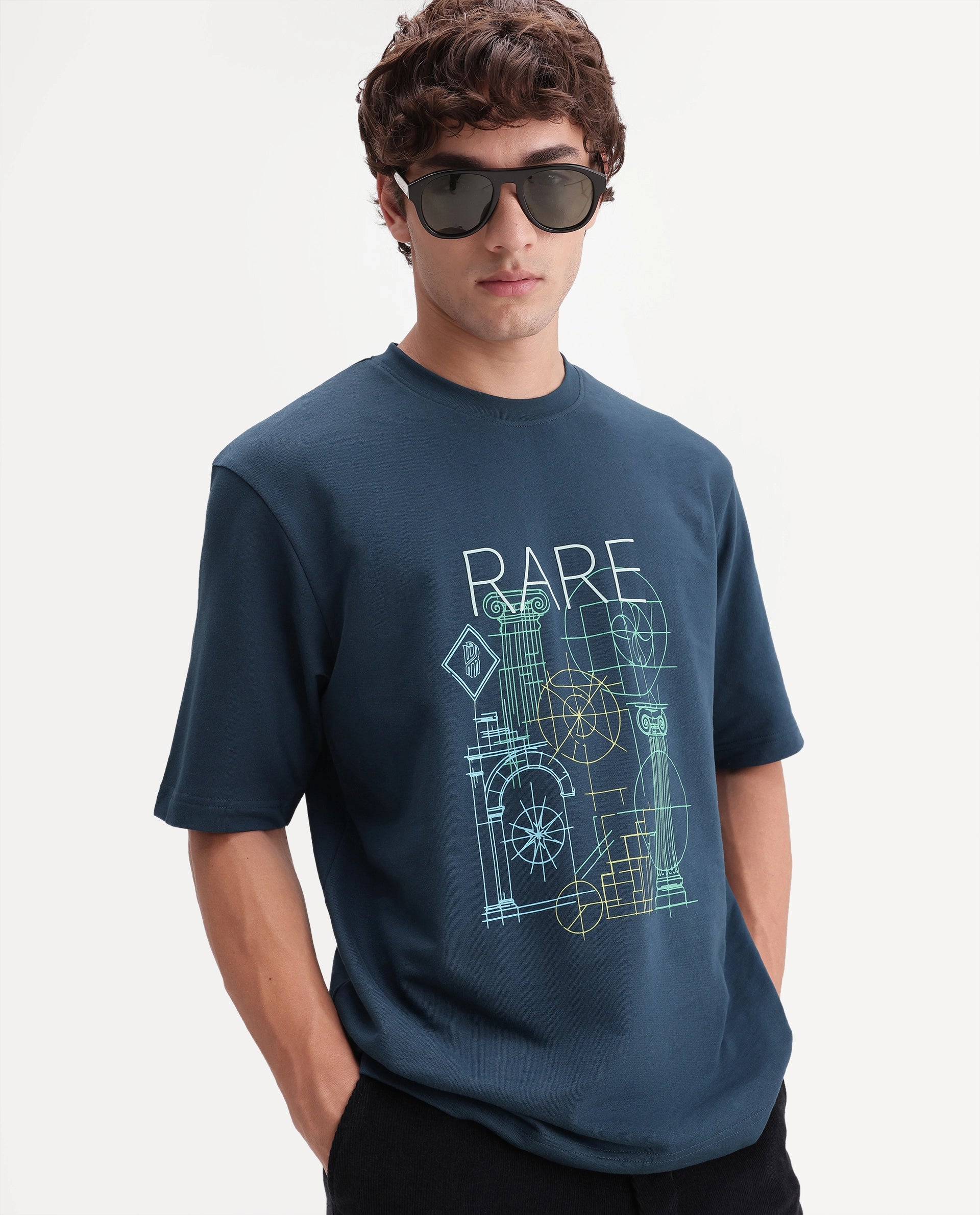 Rare Rabbit Men's Lykos Dark Teal Cotton Crew Neck Relaxed Graphic Print T-Shirt