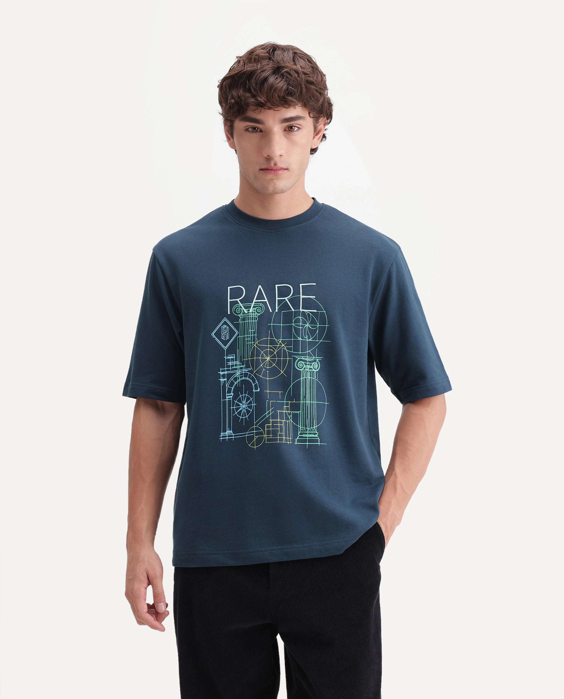 Rare Rabbit Men's Lykos Dark Teal Cotton Crew Neck Relaxed Graphic Print T-Shirt