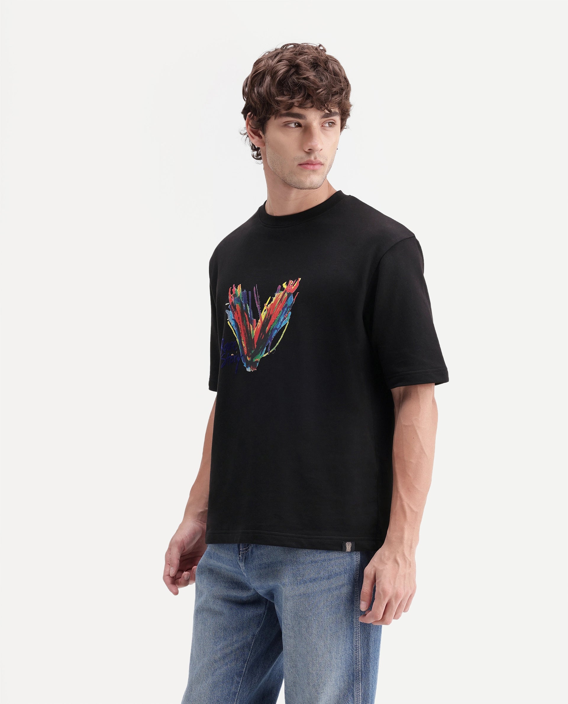 Rare Rabbit Men's Myko Black Cotton Crew Neck Relaxed Graphic Print T-Shirt