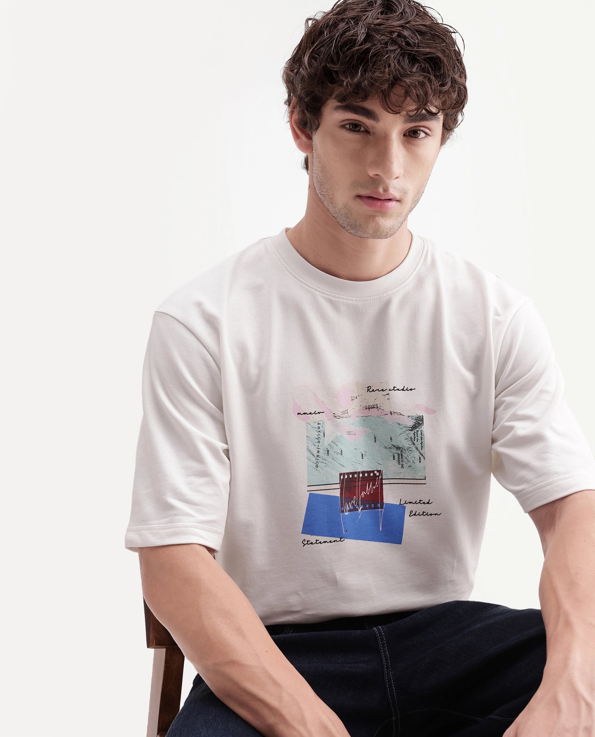 Rare Rabbit Men's Oris Off White Cotton Crew Neck Relaxed Graphic Print T-Shirt