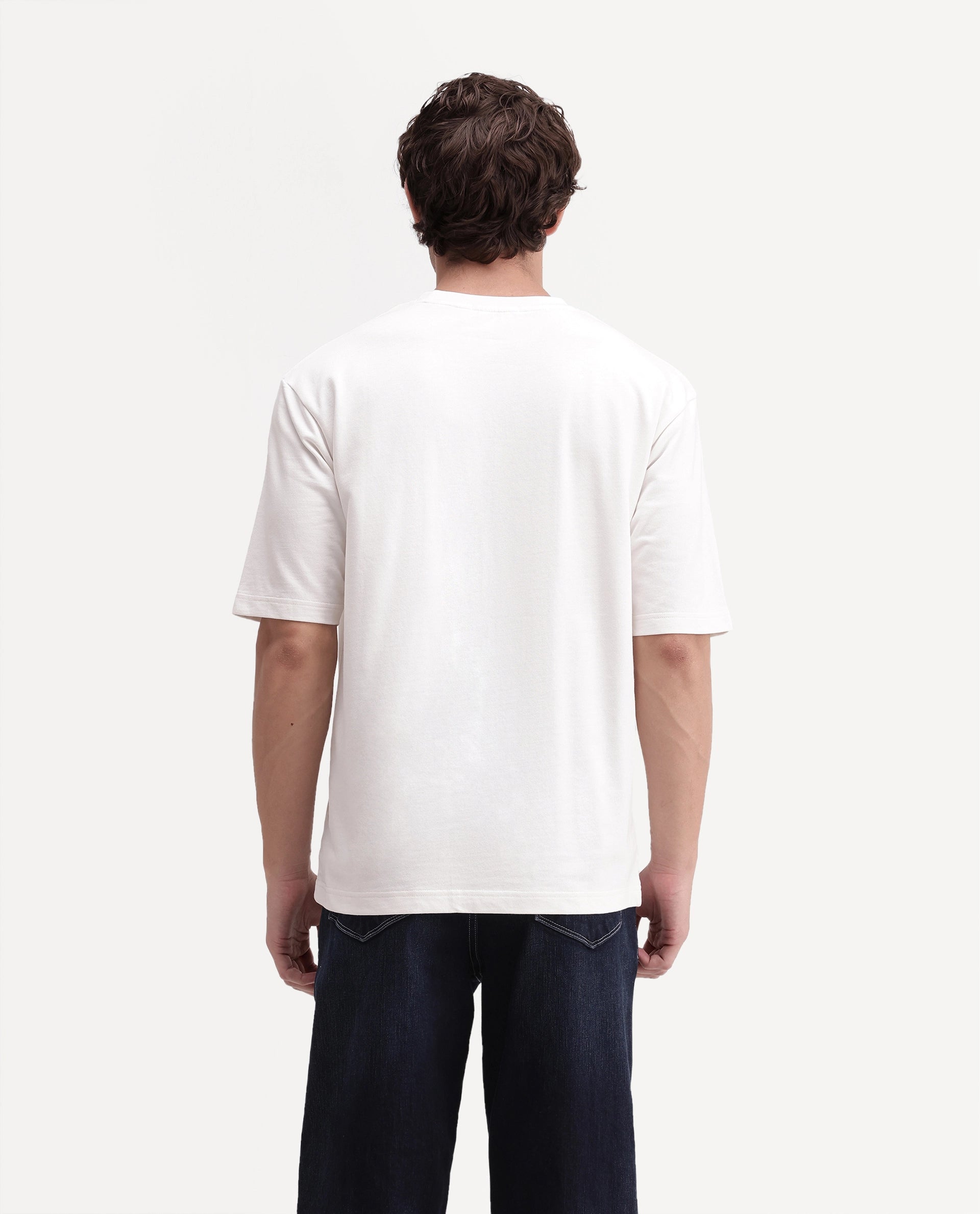 Rare Rabbit Men's Oris Off White Cotton Crew Neck Relaxed Graphic Print T-Shirt
