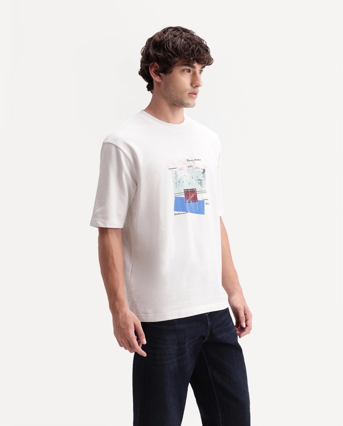 Rare Rabbit Men's Oris Off White Cotton Crew Neck Relaxed Graphic Print T-Shirt