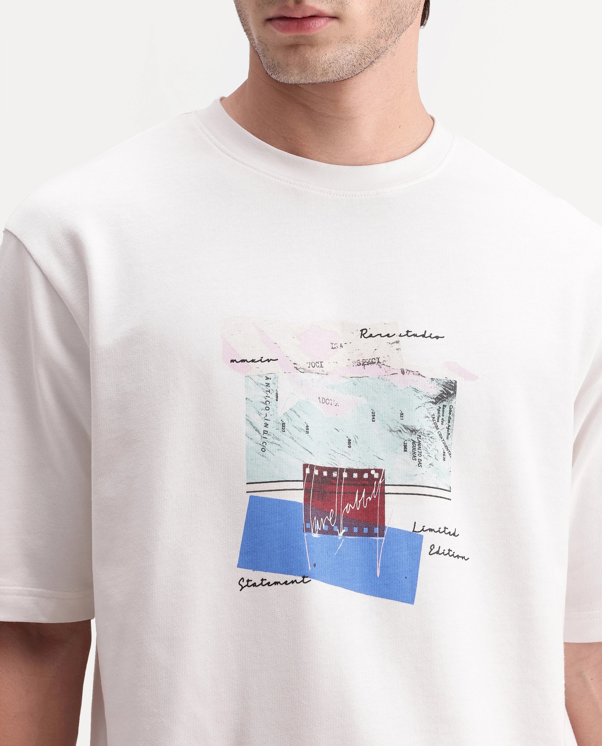 Rare Rabbit Men's Oris Off White Cotton Crew Neck Relaxed Graphic Print T-Shirt