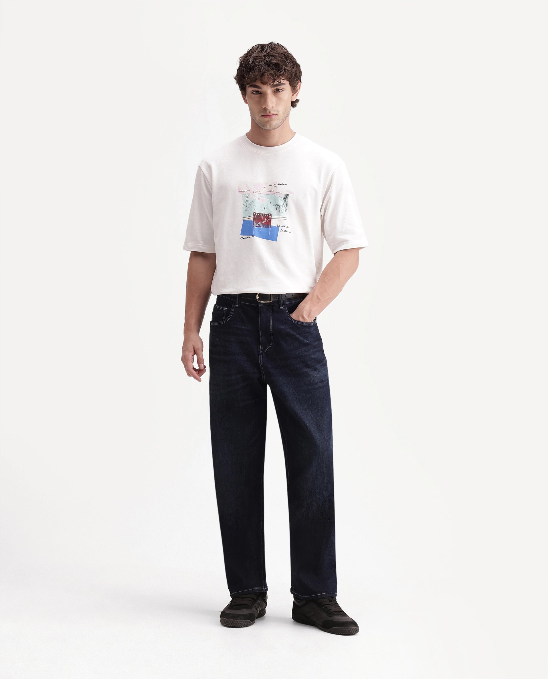 Rare Rabbit Men's Oris Off White Cotton Crew Neck Relaxed Graphic Print T-Shirt
