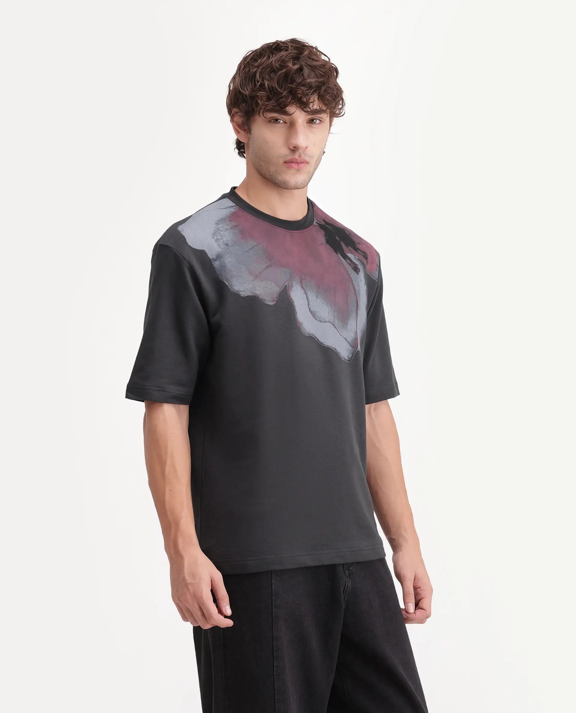 Rare Rabbit Men's Rhodon Dark Grey Cotton Crew Neck Relaxed Abstract Print T-Shirt