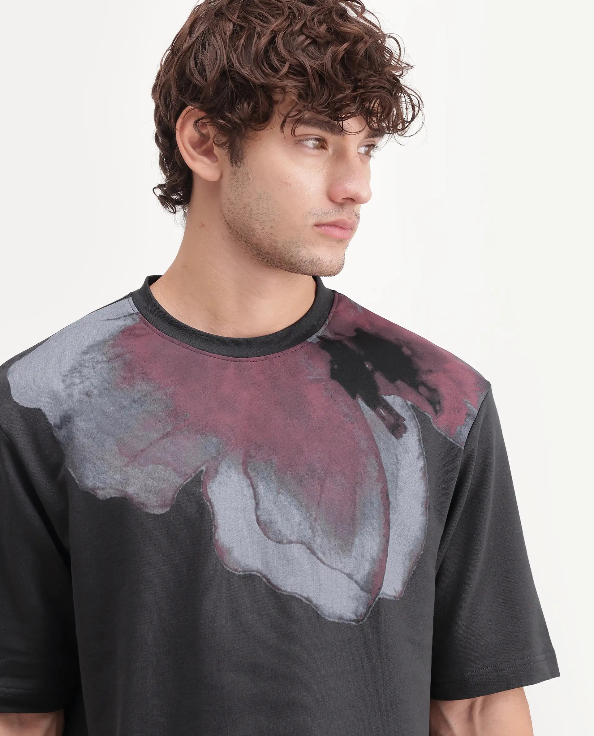 Rare Rabbit Men's Rhodon Dark Grey Cotton Crew Neck Relaxed Abstract Print T-Shirt