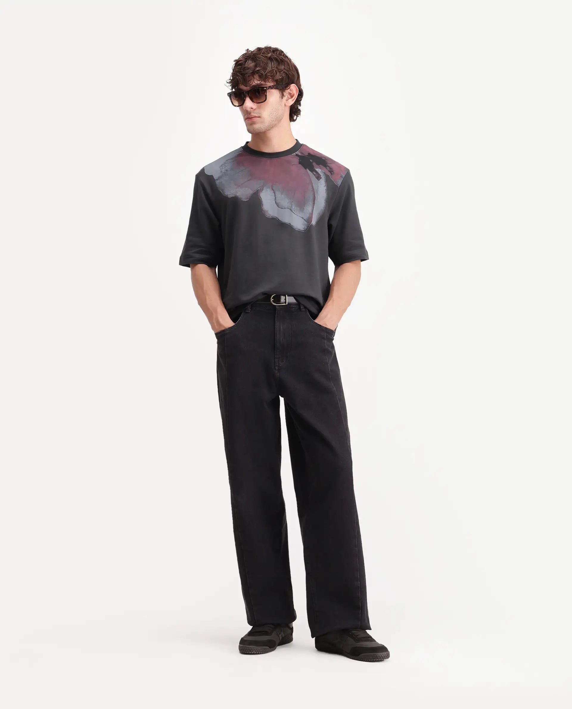Rare Rabbit Men's Rhodon Dark Grey Cotton Crew Neck Relaxed Abstract Print T-Shirt