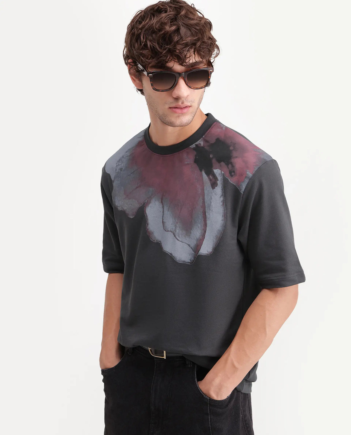 Rare Rabbit Men's Rhodon Dark Grey Cotton Crew Neck Relaxed Abstract Print T-Shirt