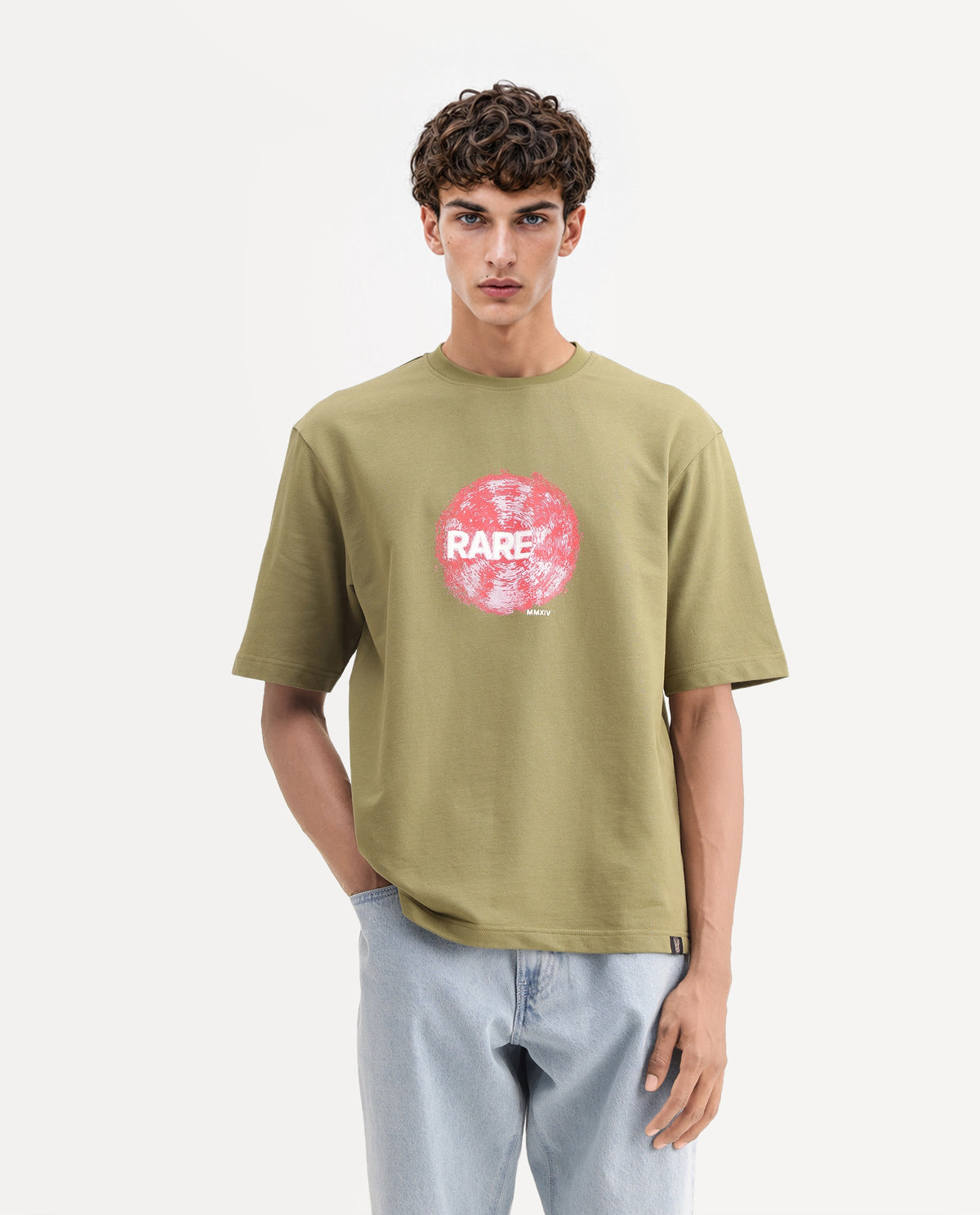 Rare Rabbit Men's Solane Dusky Olive Cotton Crew Neck Relaxed Graphic Print T-Shirt
