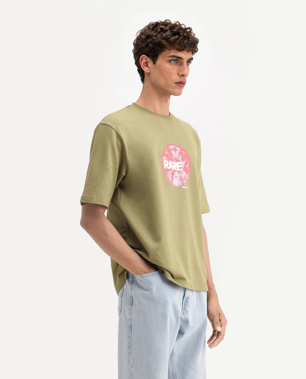Rare Rabbit Men's Solane Dusky Olive Cotton Crew Neck Relaxed Graphic Print T-Shirt