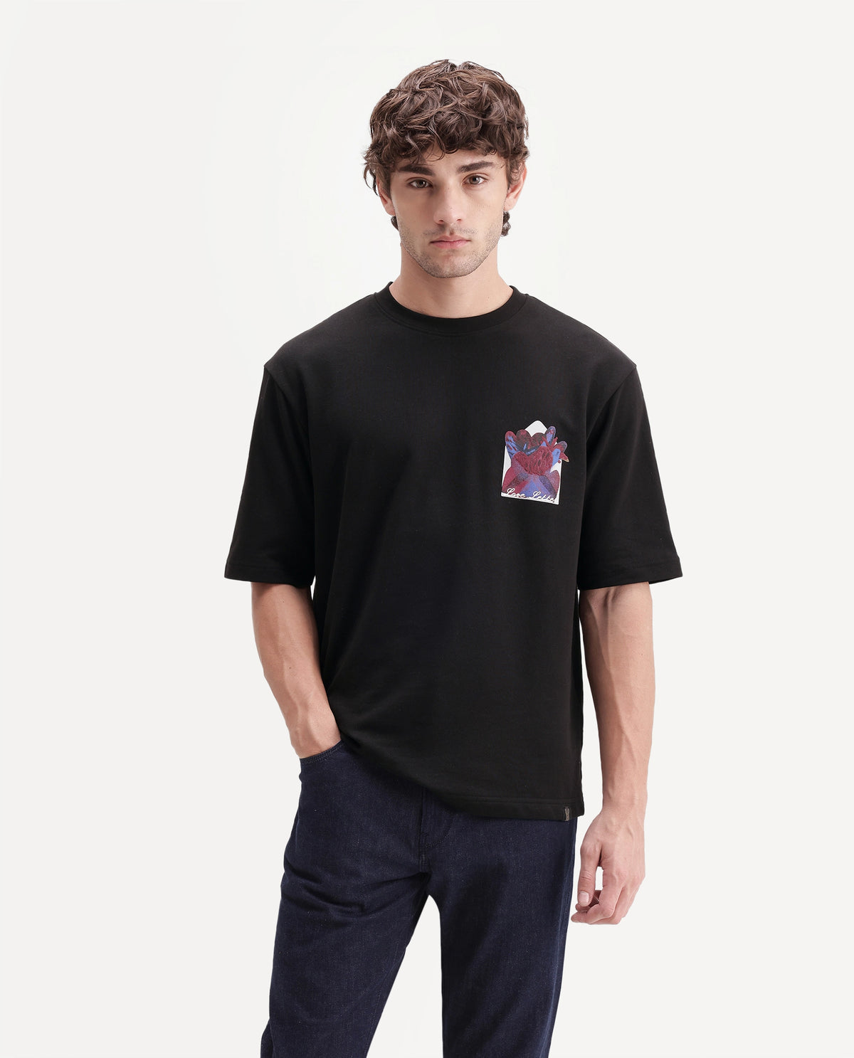 Rare Rabbit Men's Spira Black Cotton Crew Neck Relaxed Graphic Print T-Shirt