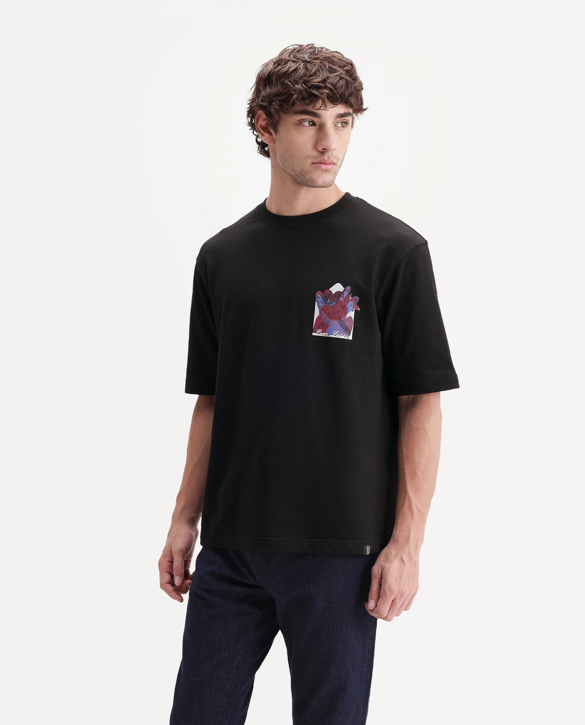 Rare Rabbit Men's Spira Black Cotton Crew Neck Relaxed Graphic Print T-Shirt