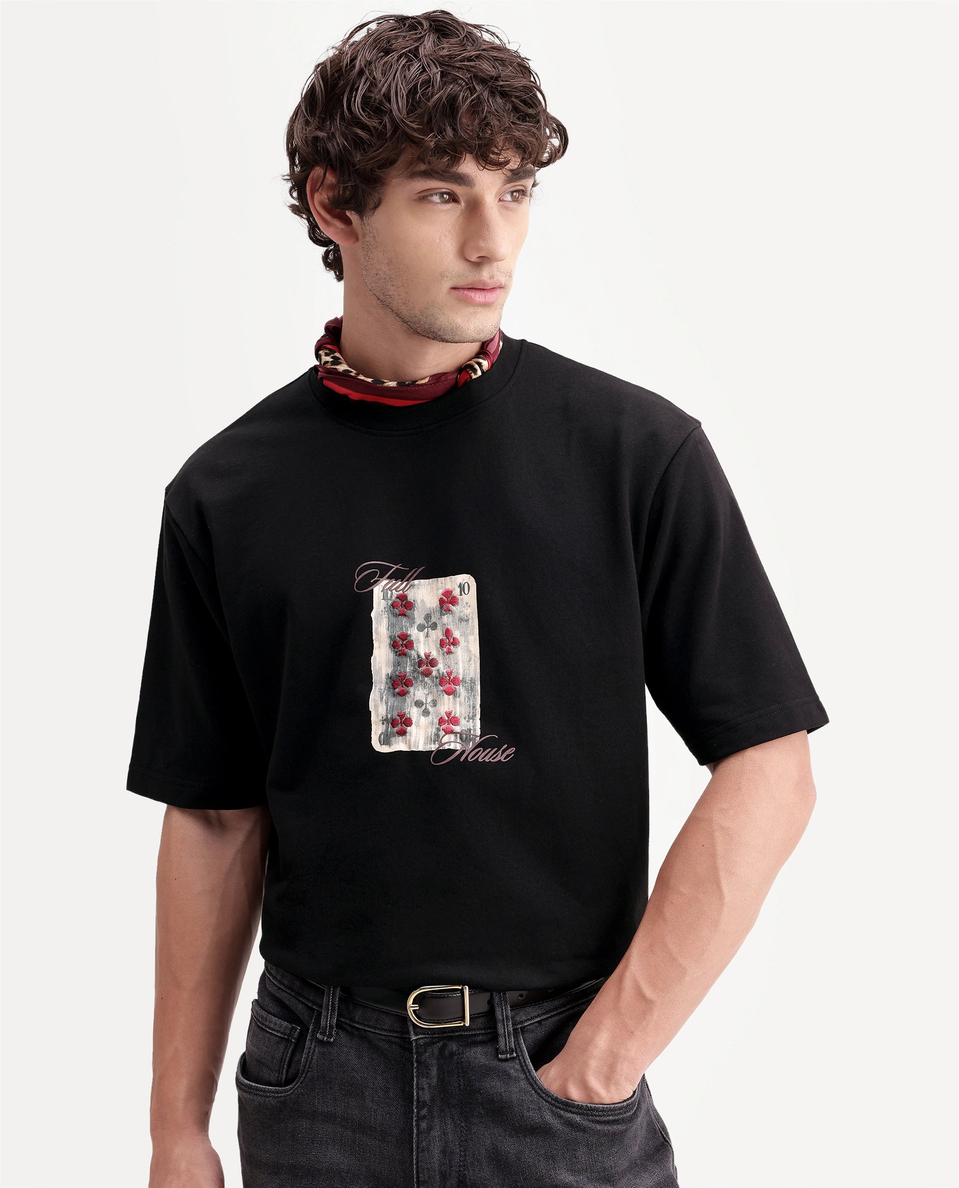 Rare Rabbit Men's Vage Black Cotton Crew Neck Relaxed Graphic Print T-Shirt