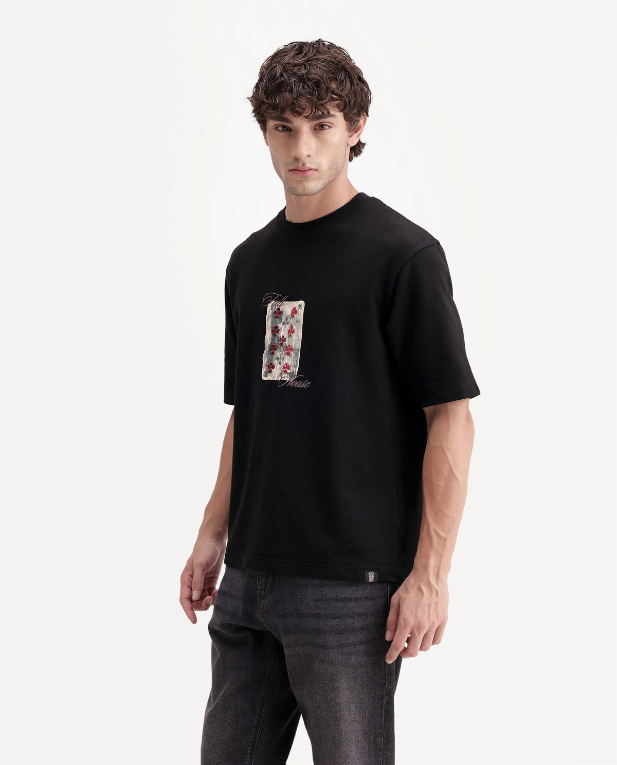 Rare Rabbit Men's Vage Black Cotton Crew Neck Relaxed Graphic Print T-Shirt