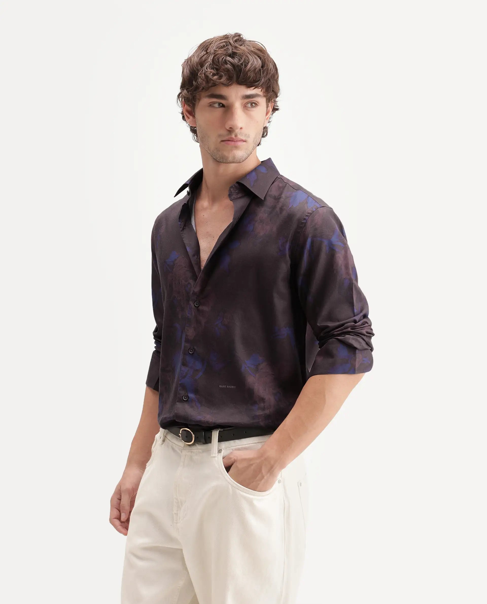 Rare Rabbit Men's Midno Dark Purple Cotton Blend Spread Collar Regular Floral Print Shirt