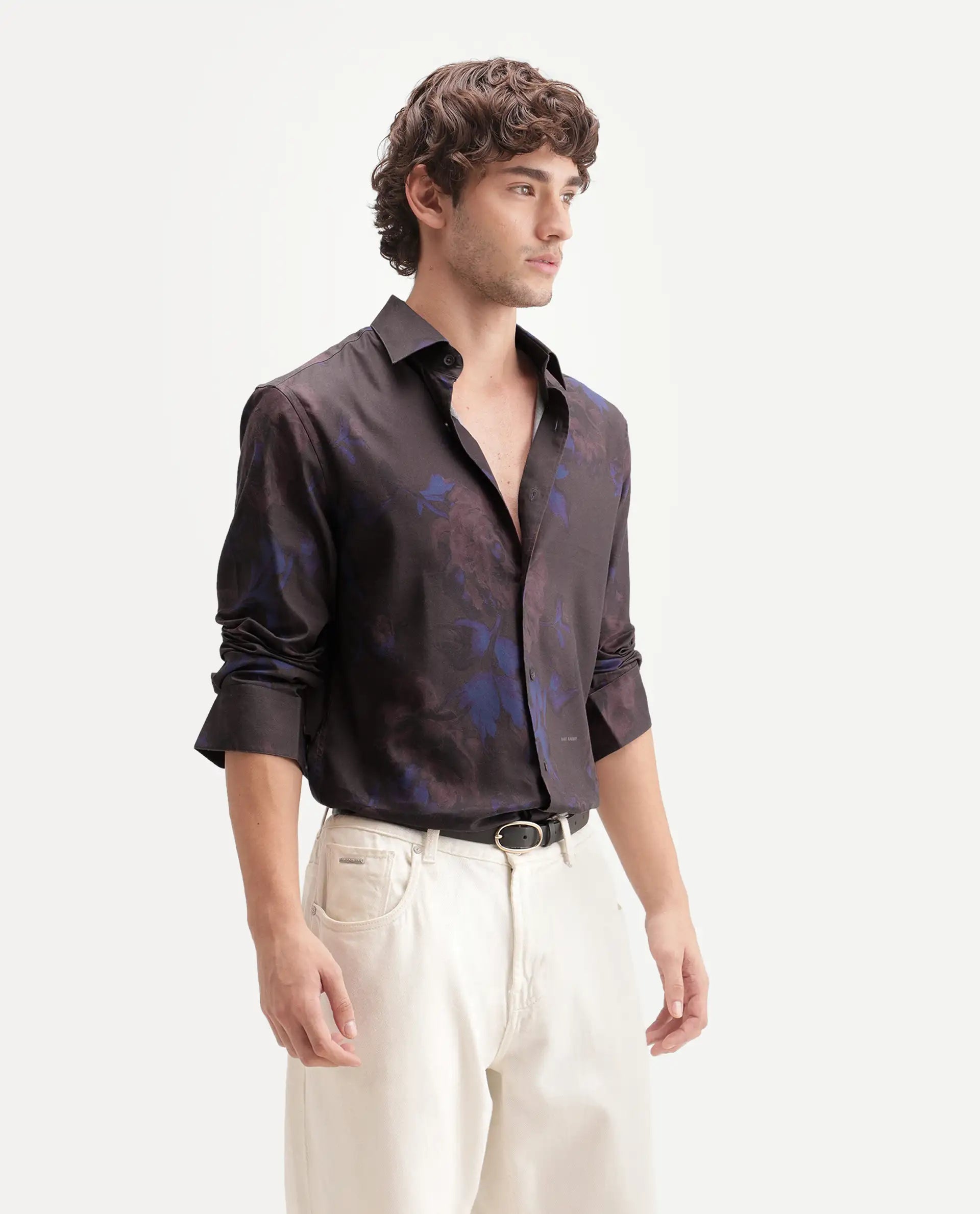 Rare Rabbit Men's Midno Dark Purple Cotton Blend Spread Collar Regular Floral Print Shirt
