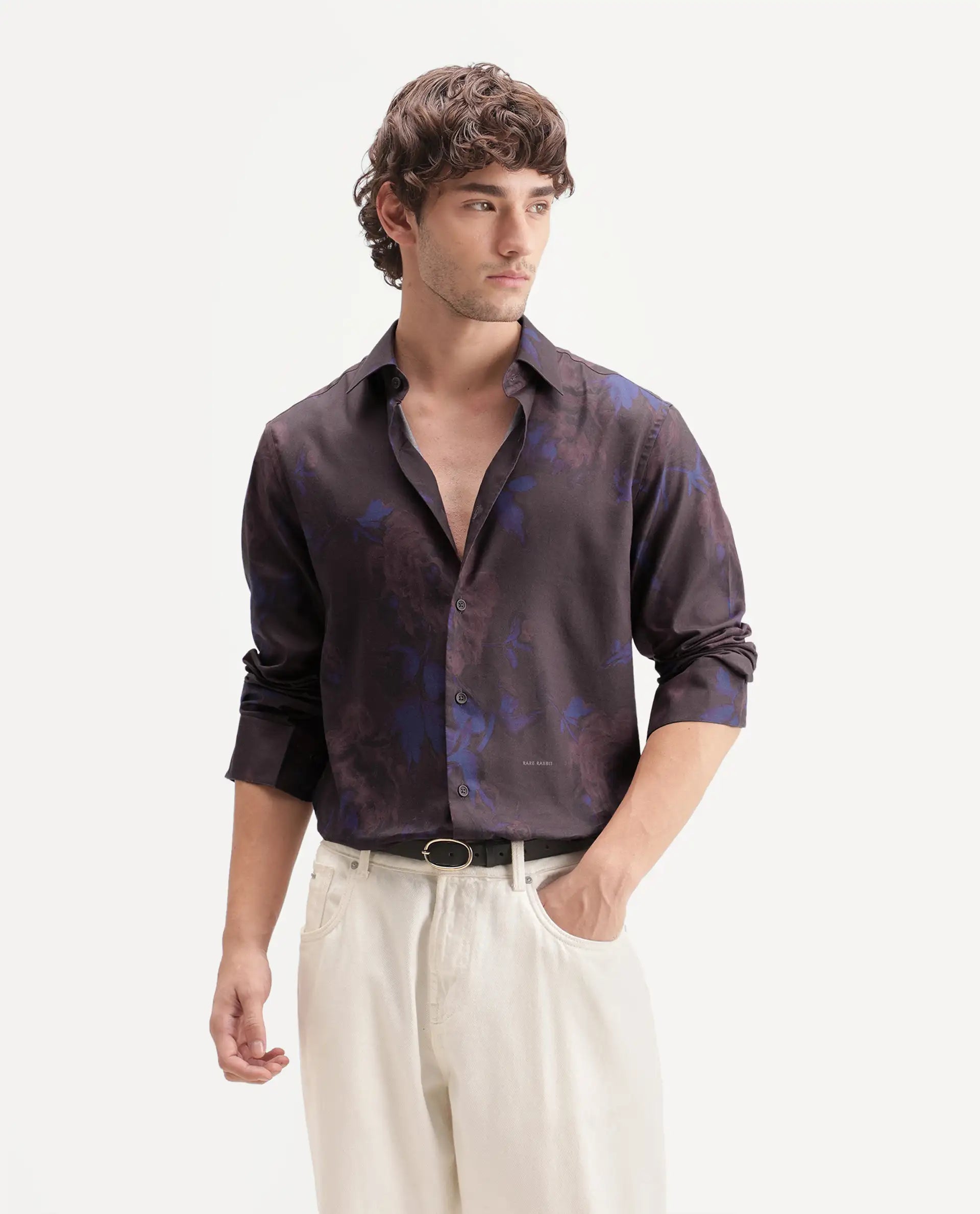 Rare Rabbit Men's Midno Dark Purple Cotton Blend Spread Collar Regular Floral Print Shirt