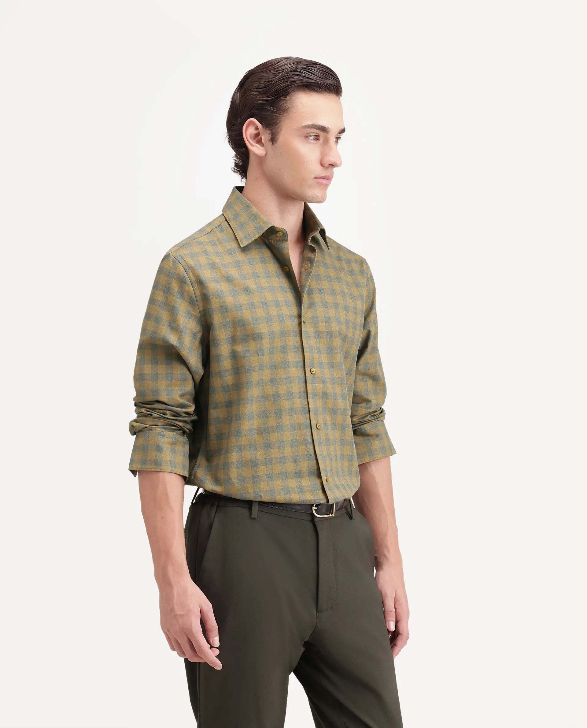 Rare Rabbit Men's Oath Mustard Cotton Spread Collar Regular Checked Shirt