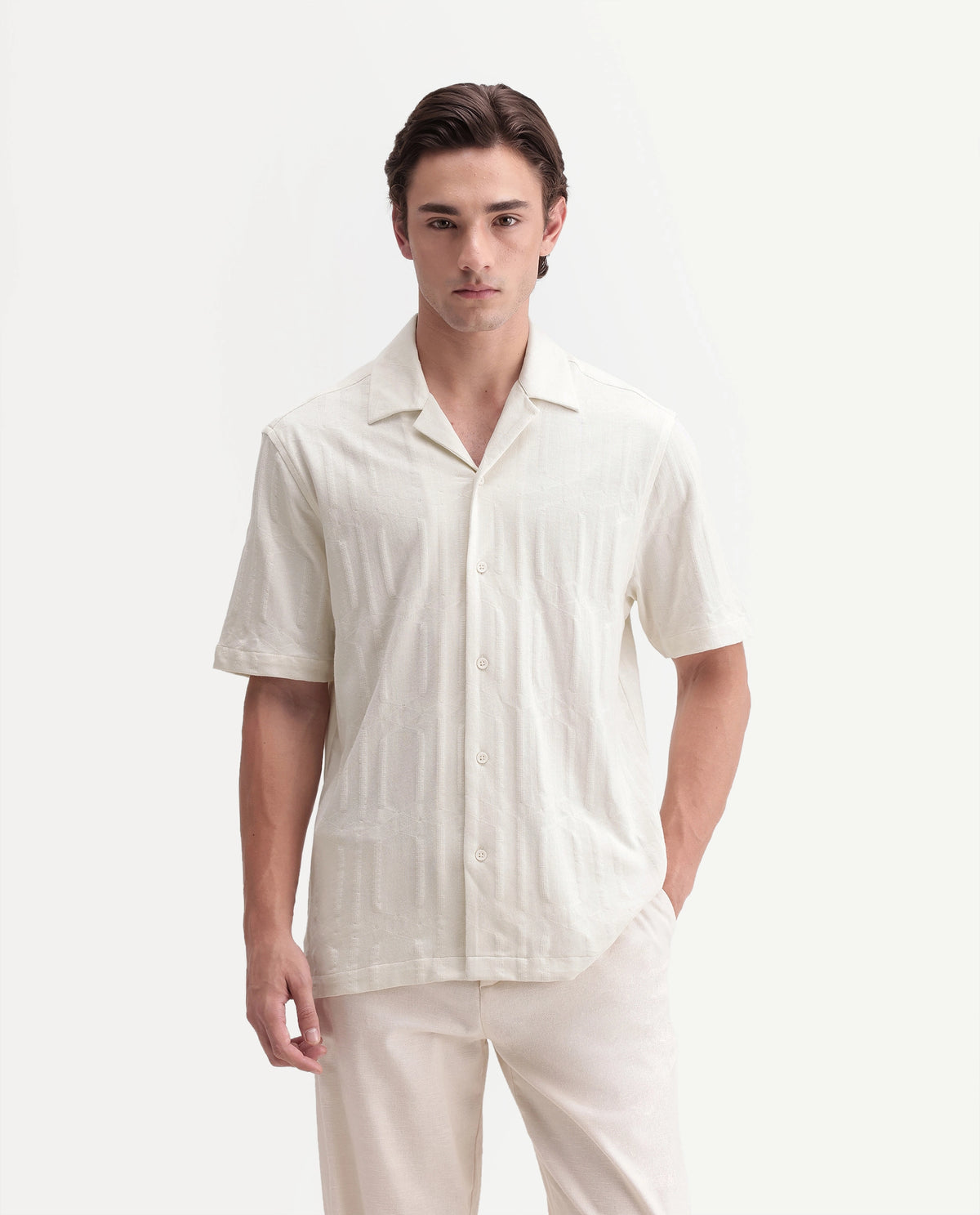 Rare Rabbit Men's Skol Off White Cotton Cuban Collar Relaxed Jacquard Shirt