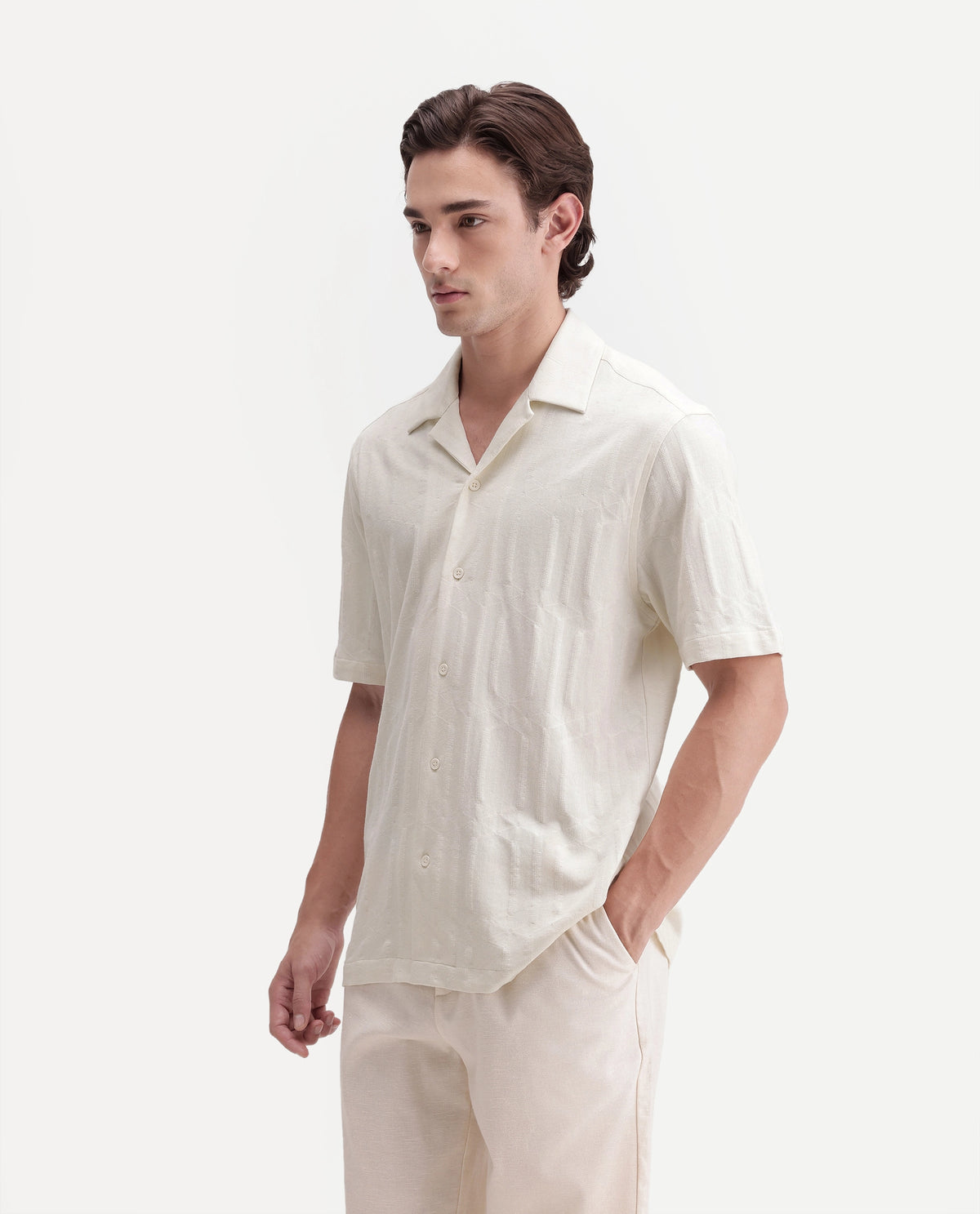 Rare Rabbit Men's Skol Off White Cotton Cuban Collar Relaxed Jacquard Shirt