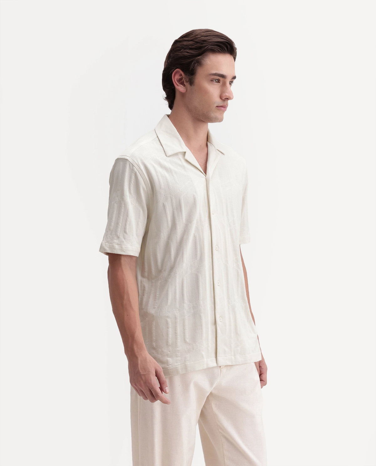 Rare Rabbit Men's Skol Off White Cotton Cuban Collar Relaxed Jacquard Shirt